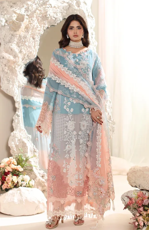 Blue formal three‑piece suit with embroidered shirt, organza dupatta and crepe trousers – view 1 – Poshaq