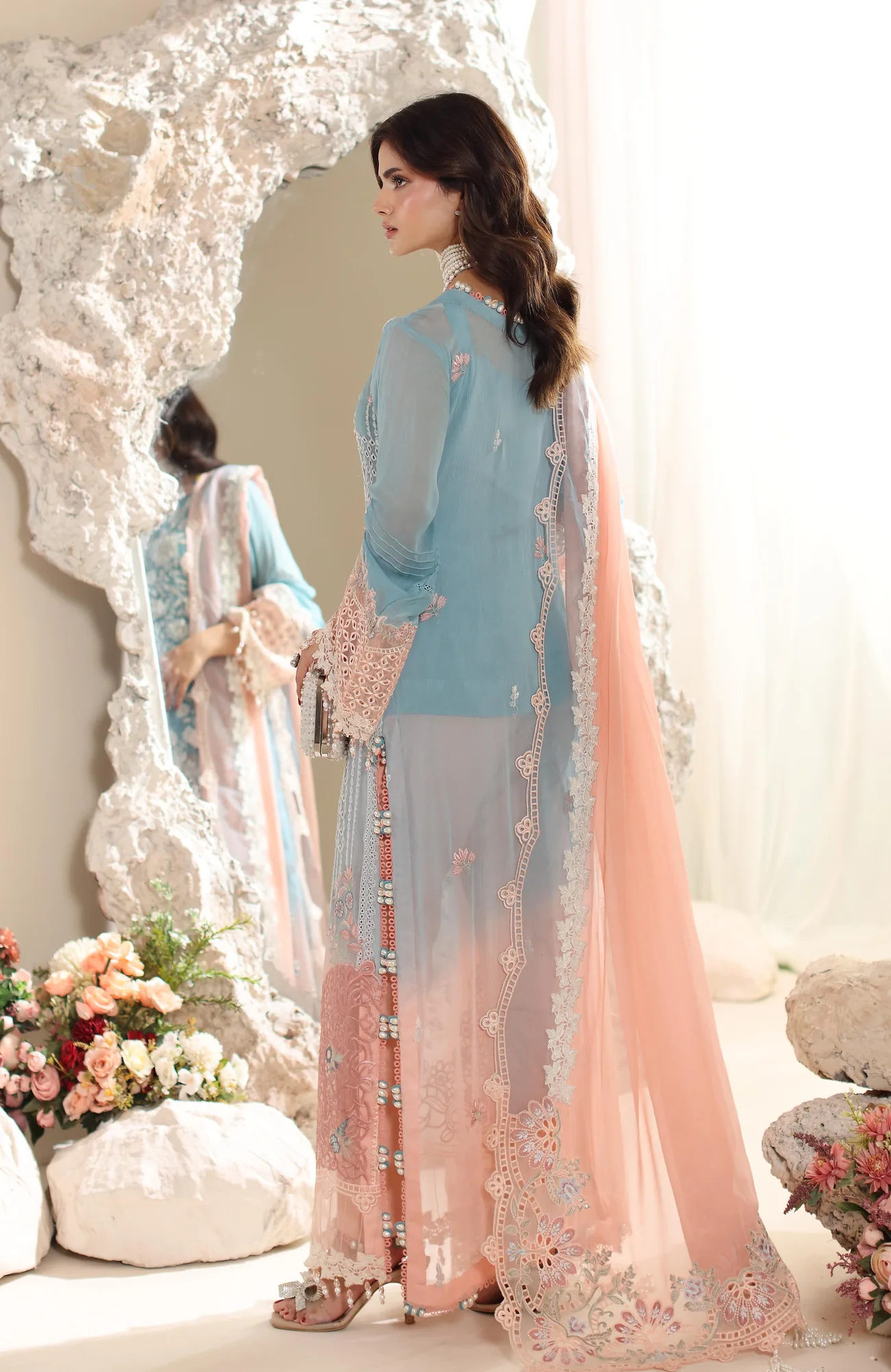 Blue formal three‑piece suit with embroidered shirt, organza dupatta and crepe trousers – view 2 – Poshaq