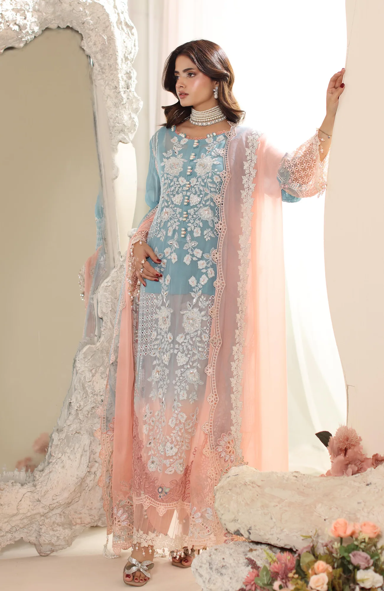 Blue formal three‑piece suit with embroidered shirt, organza dupatta and crepe trousers – view 3 – Poshaq