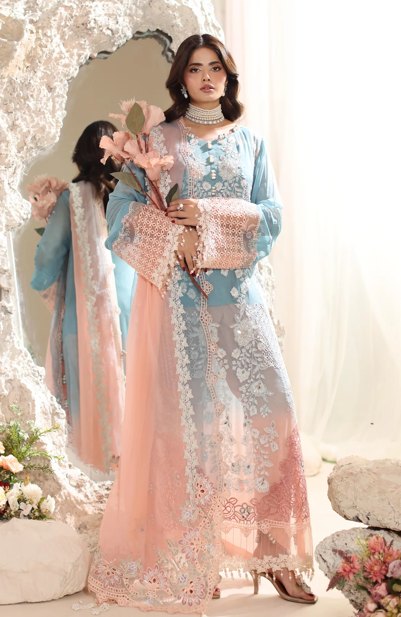 Blue formal three‑piece suit with embroidered shirt, organza dupatta and crepe trousers – view 4 – Poshaq