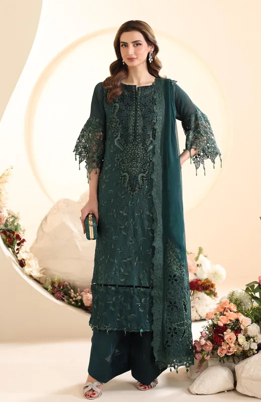 Mineral green embroidered formal shirt with sequin detail and matching raw silk trousers – view 1 – Poshaq