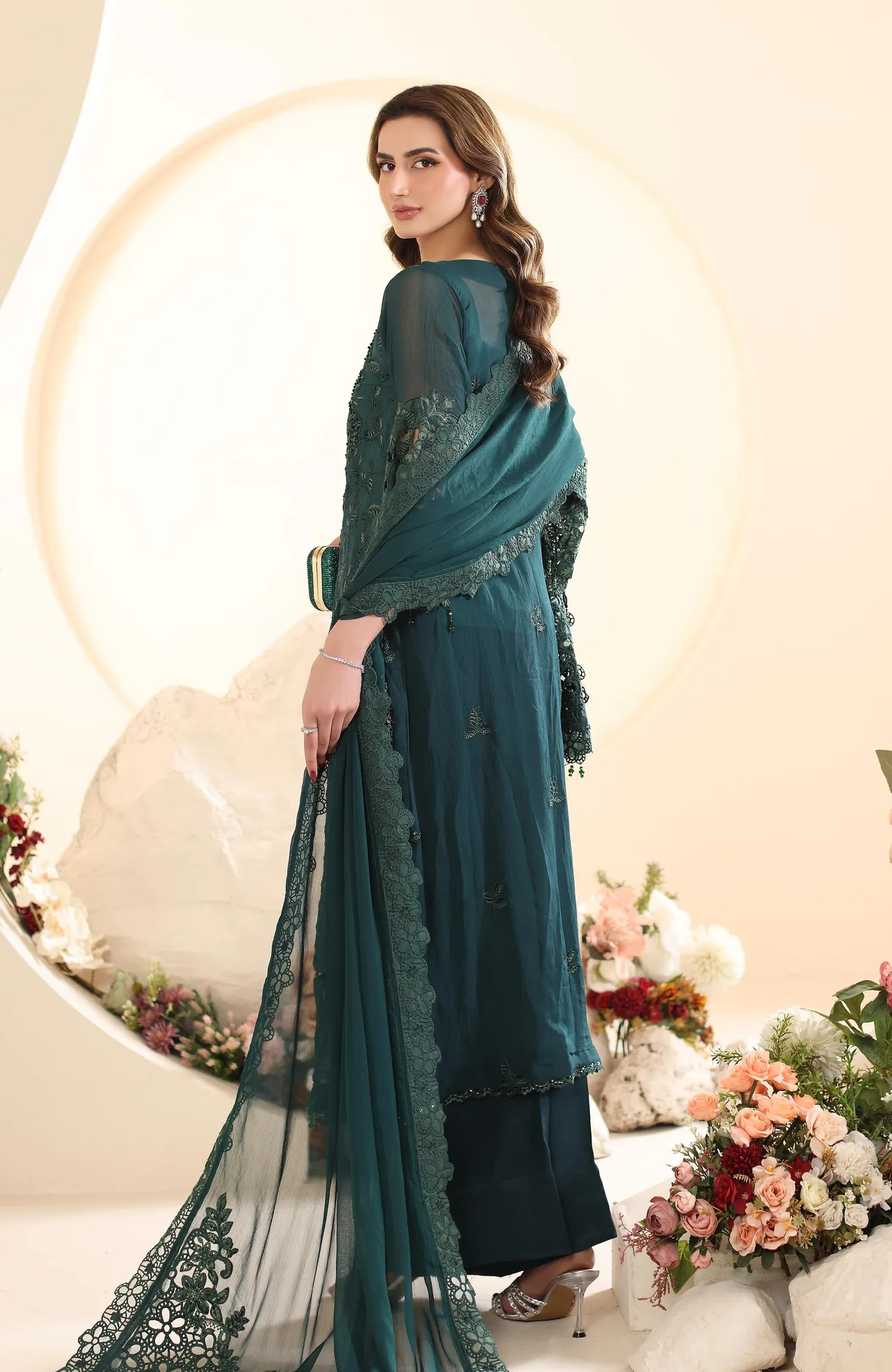 Mineral green embroidered formal shirt with sequin detail and matching raw silk trousers – view 2 – Poshaq