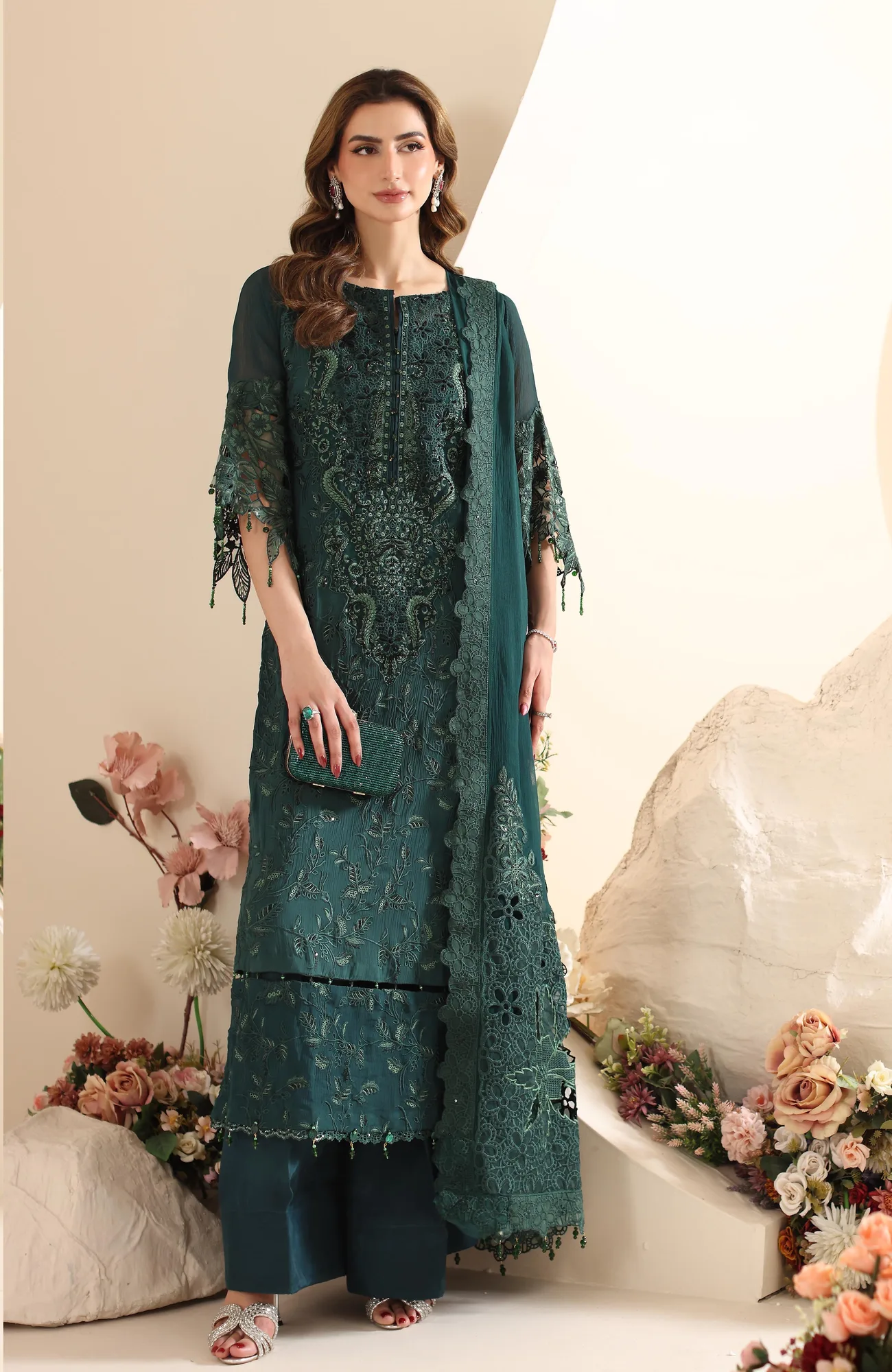 Mineral green embroidered formal shirt with sequin detail and matching raw silk trousers – view 3 – Poshaq