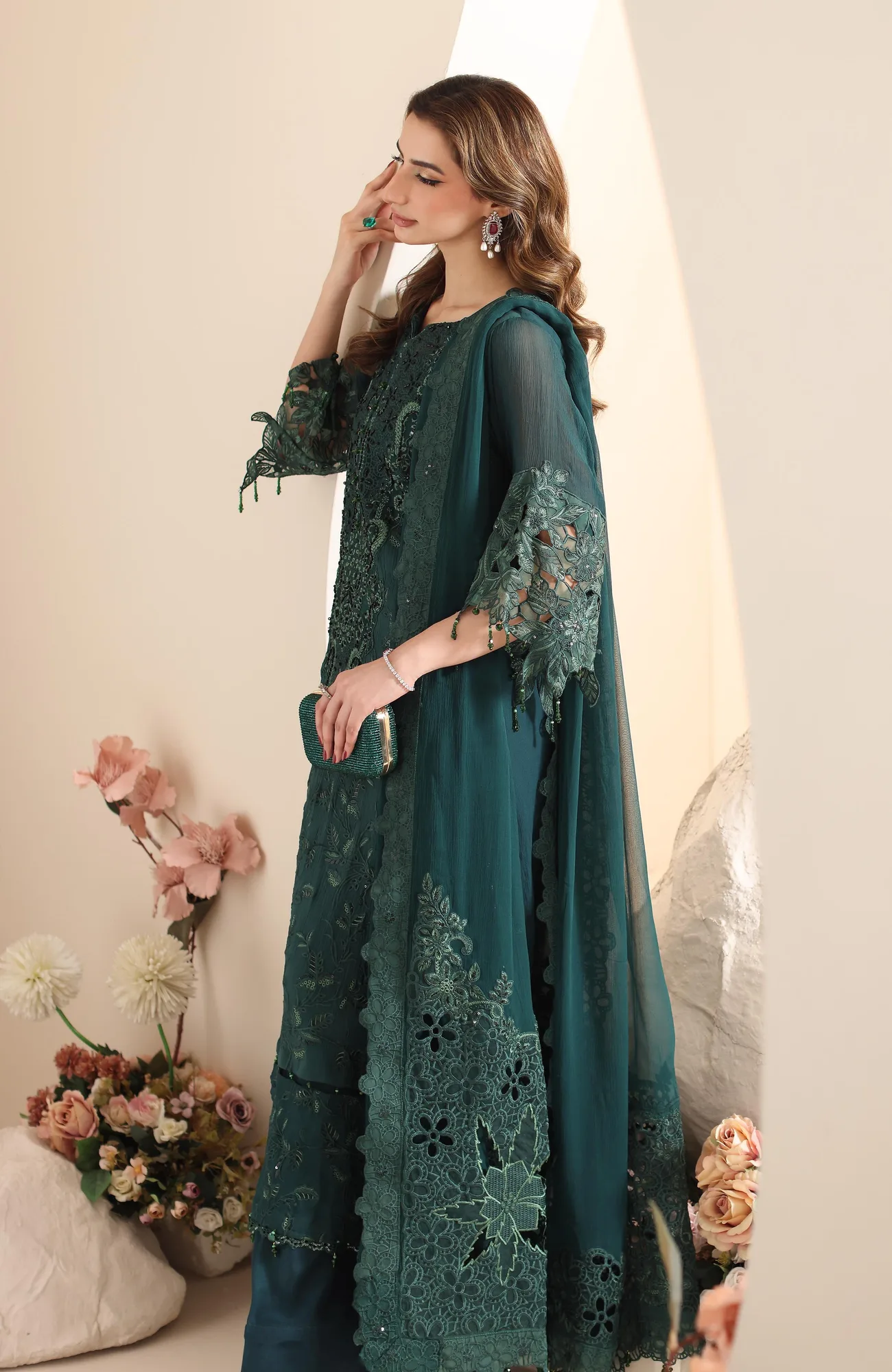 Mineral green embroidered formal shirt with sequin detail and matching raw silk trousers – view 4 – Poshaq
