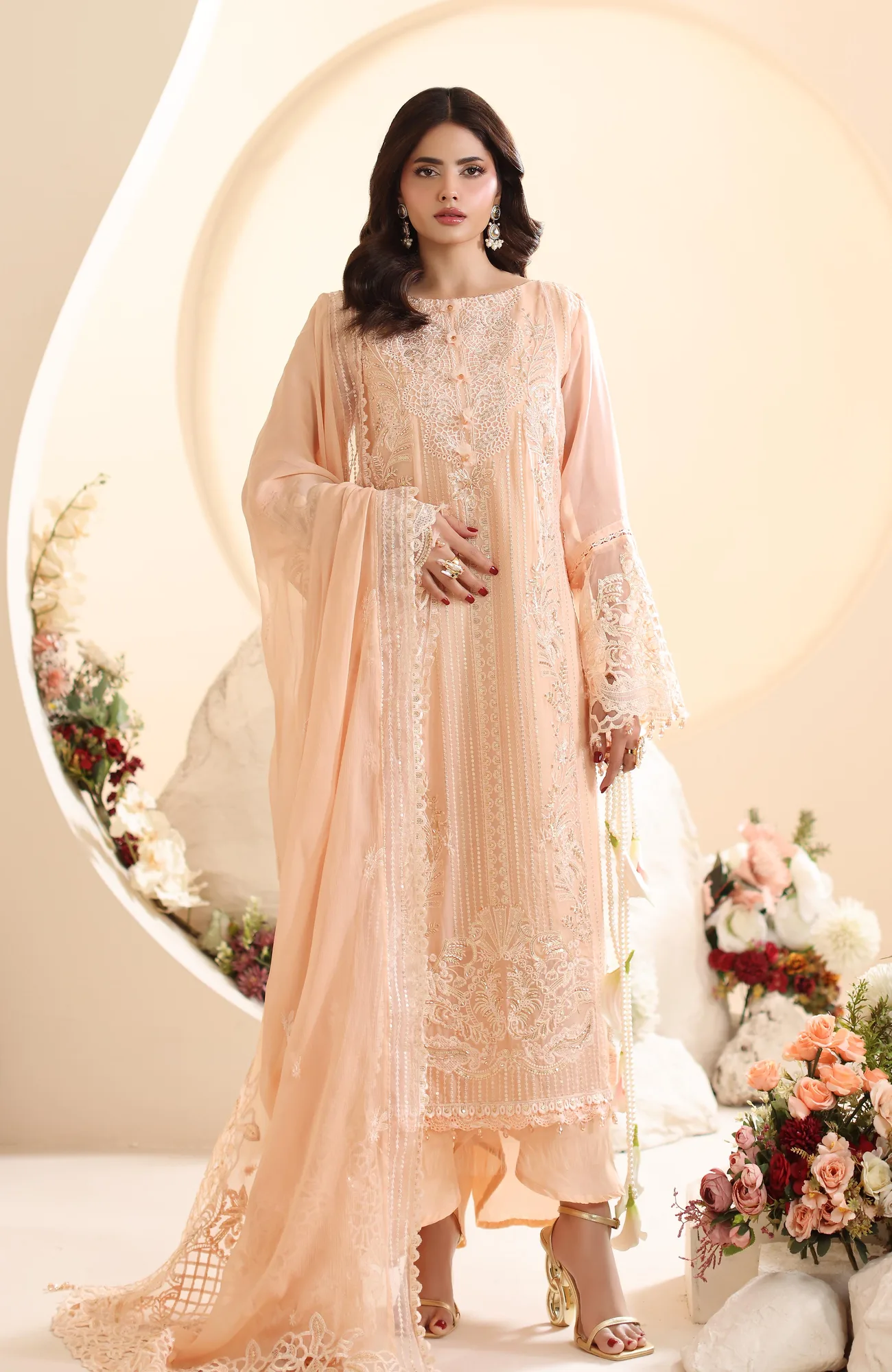 Skin formal shirt set with organza and chiffon detailing – view 1 – Poshaq