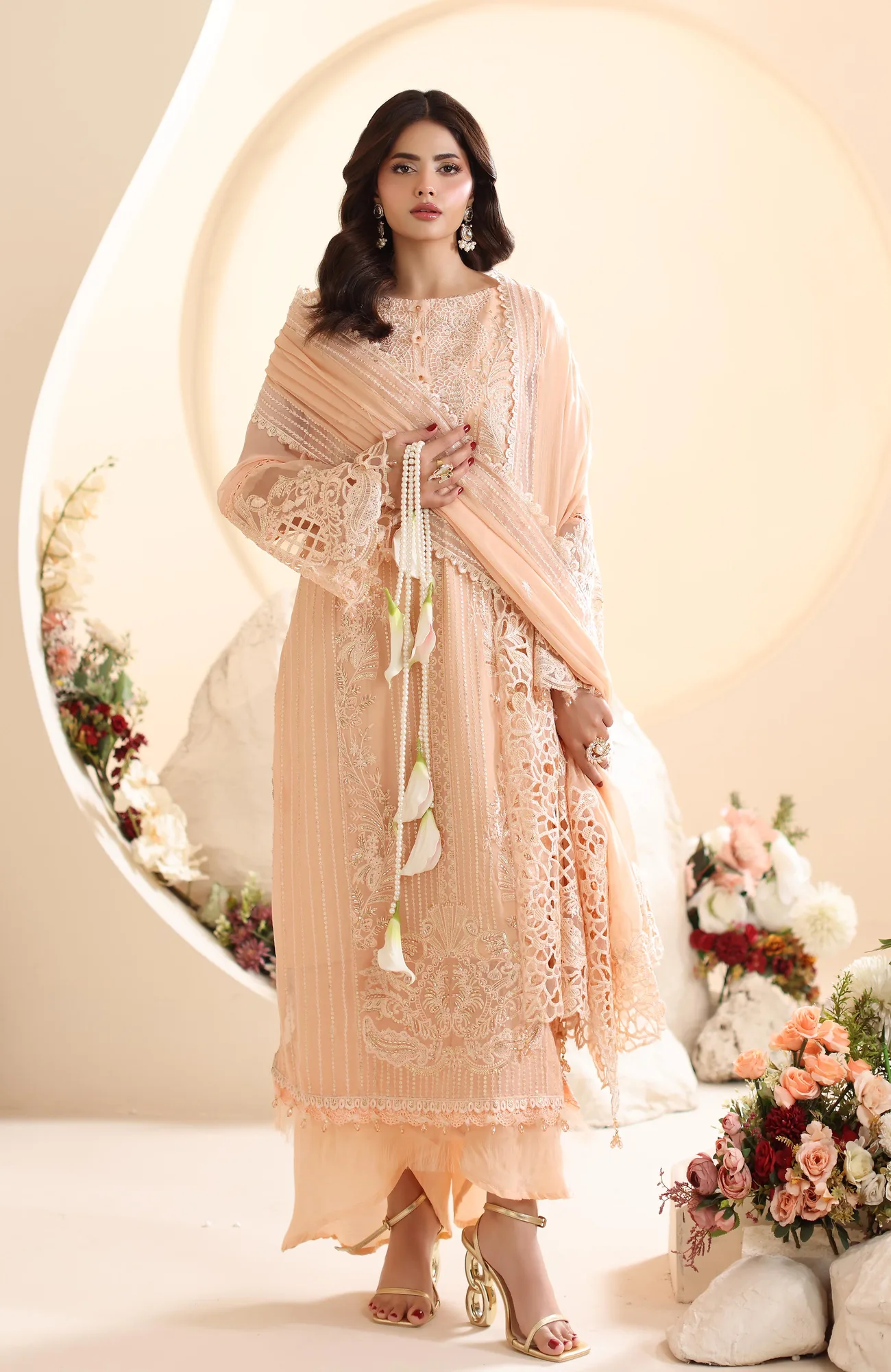 Skin formal shirt set with organza and chiffon detailing – view 3 – Poshaq