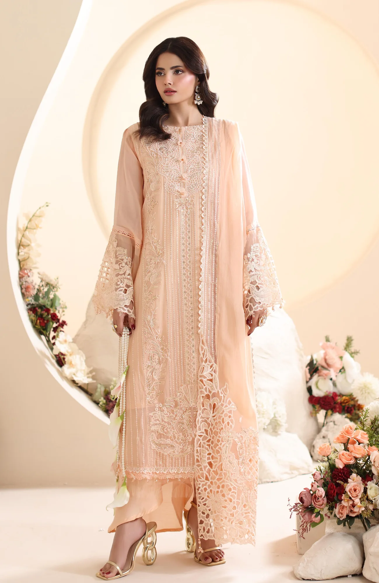 Skin formal shirt set with organza and chiffon detailing – view 4 – Poshaq