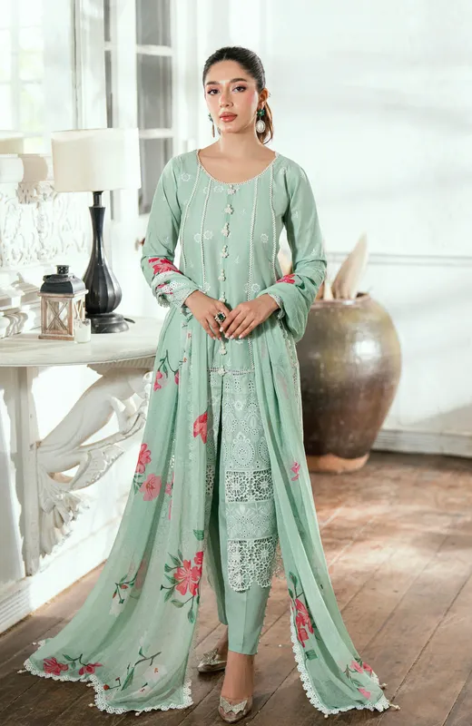 mint green chiffon dress with subtle Schiffli detailing – view 1 – Poshaq