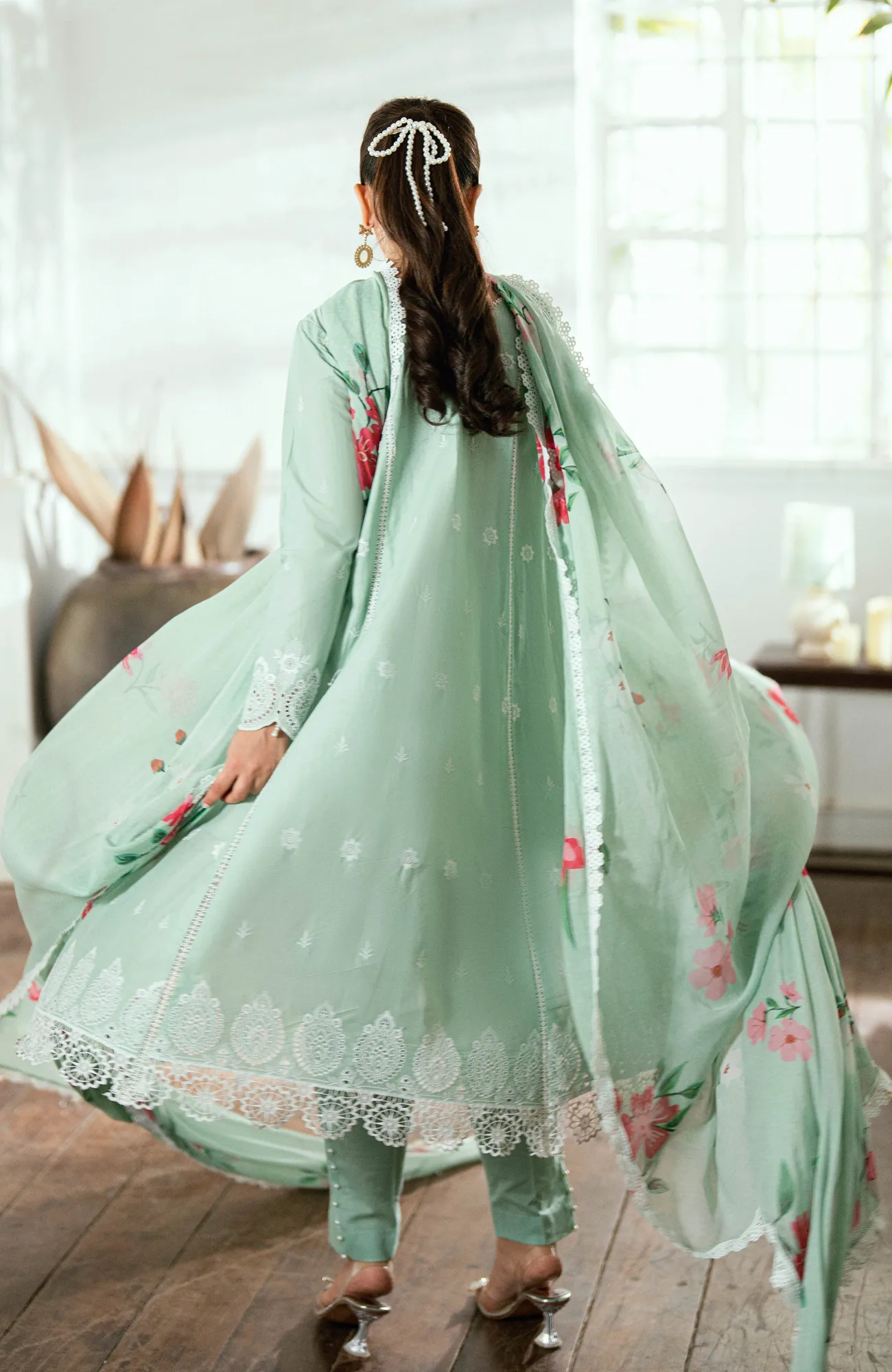 light ferozi grey chiffon shirt with laser kari detailing – view 2 – Poshaq