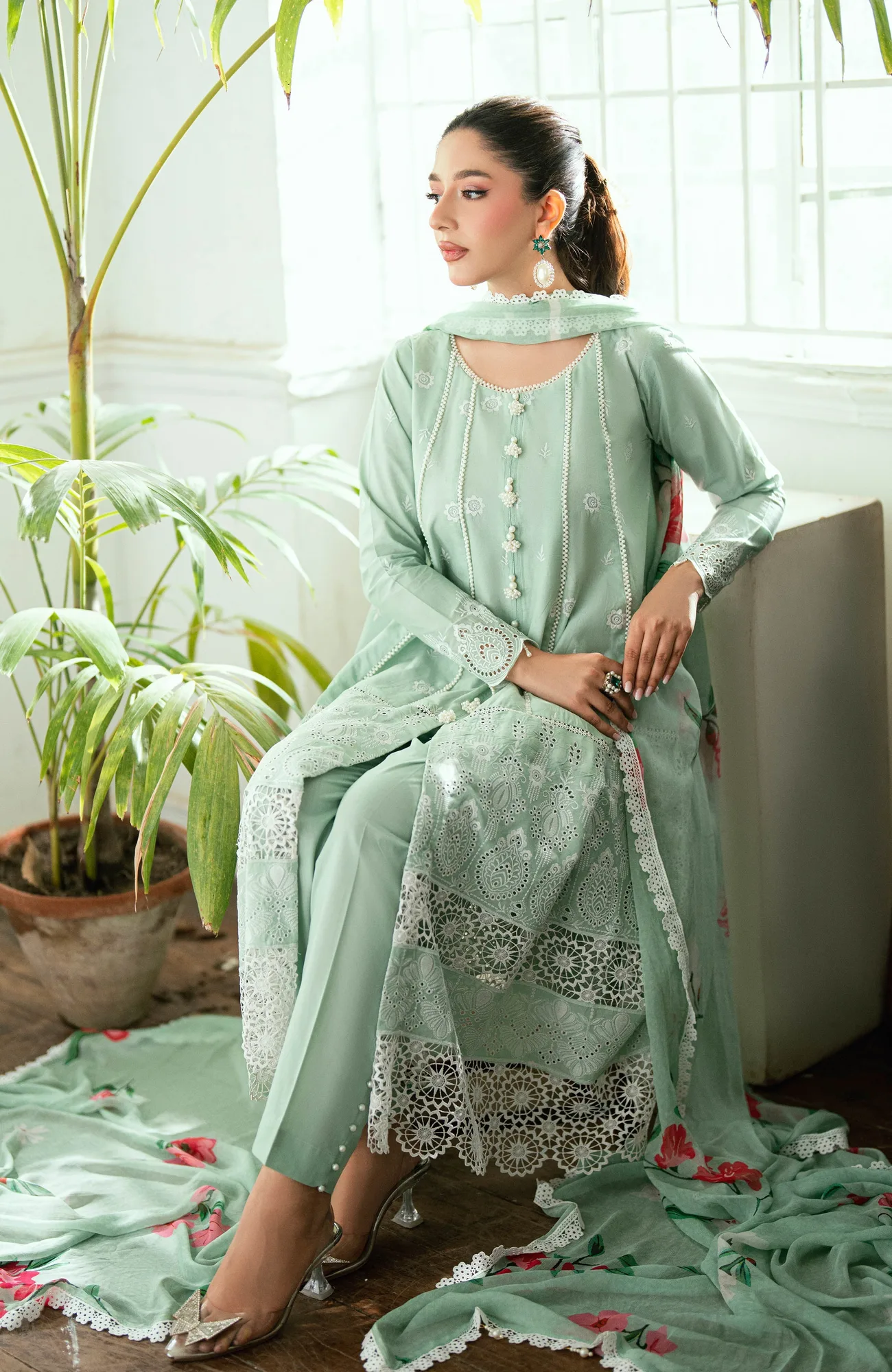 light ferozi grey chiffon shirt with laser kari detailing – view 3 – Poshaq