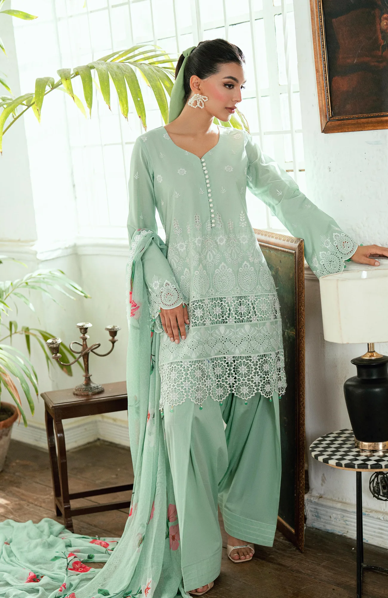 light ferozi grey chiffon shirt with laser kari detailing – view 4 – Poshaq