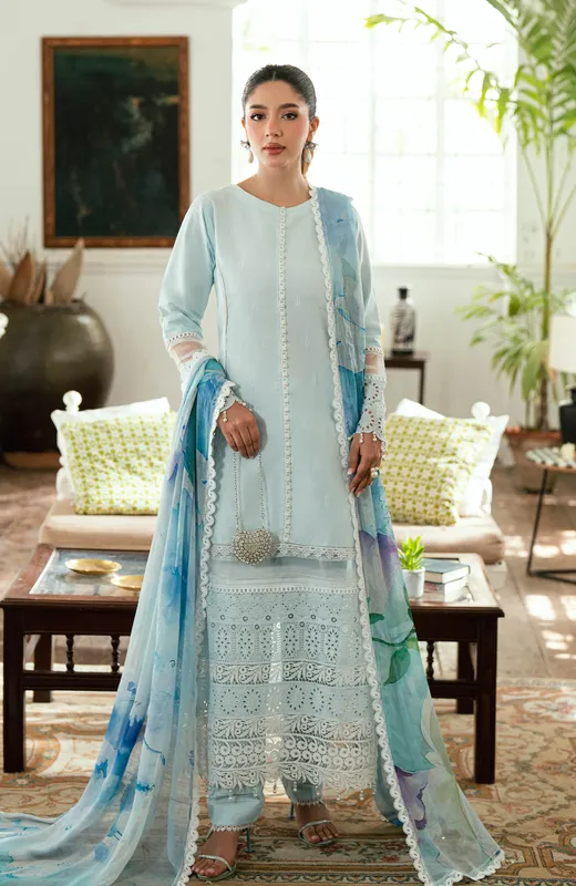 Light Ferozi chiffon long sleeve shirt with laser kari embroidery – view 1 – Poshaq