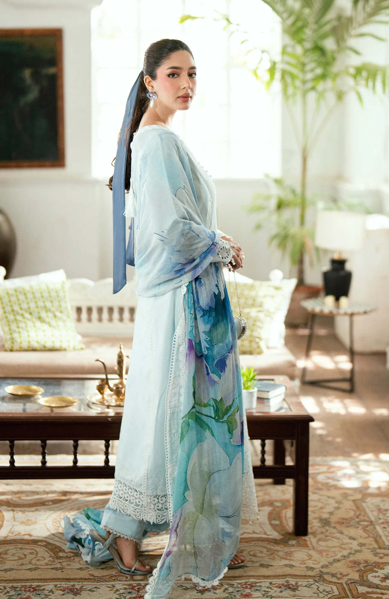 Light Ferozi chiffon long sleeve shirt with laser kari embroidery – view 2 – Poshaq