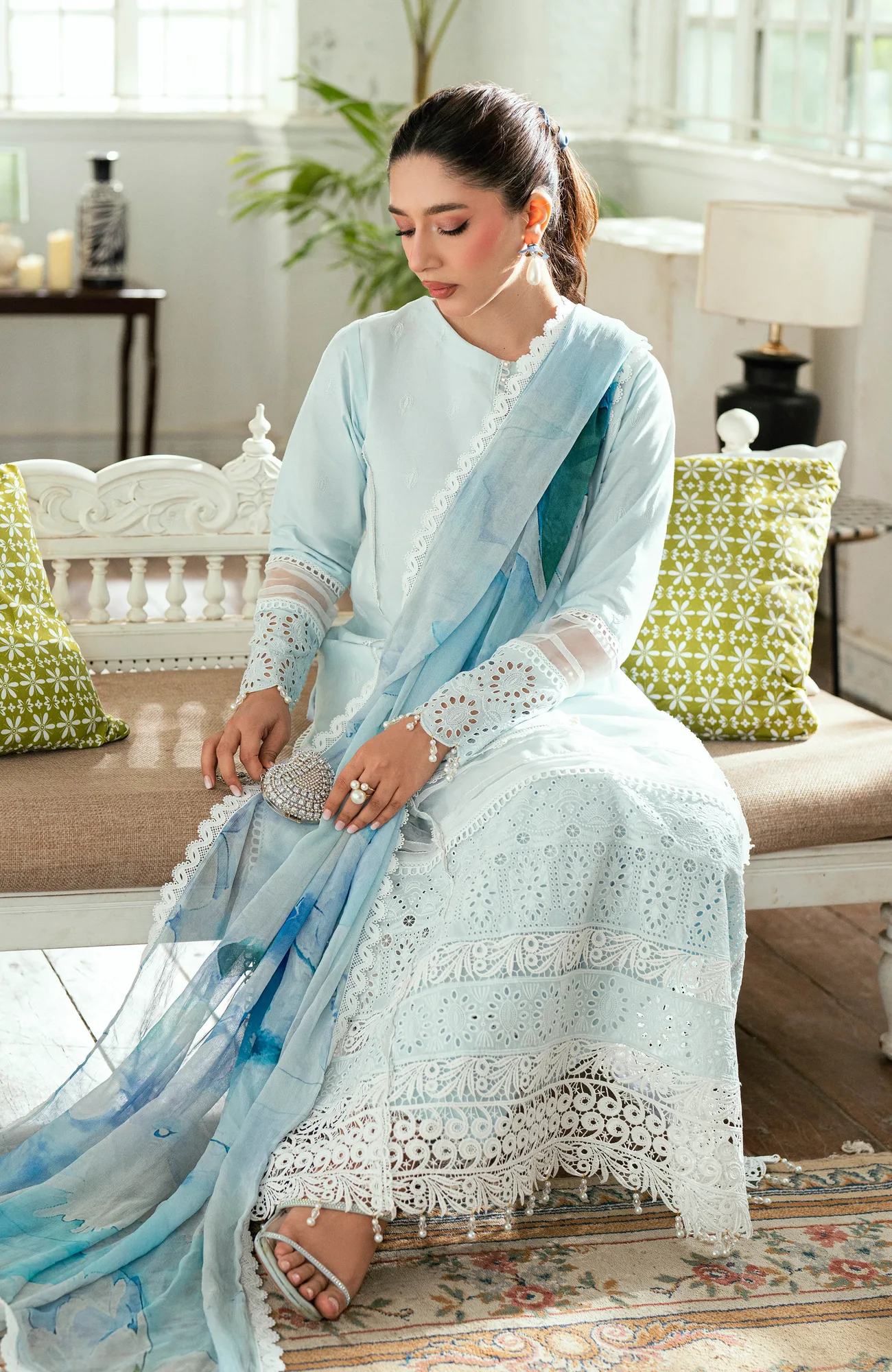 Light Ferozi chiffon long sleeve shirt with laser kari embroidery – view 3 – Poshaq