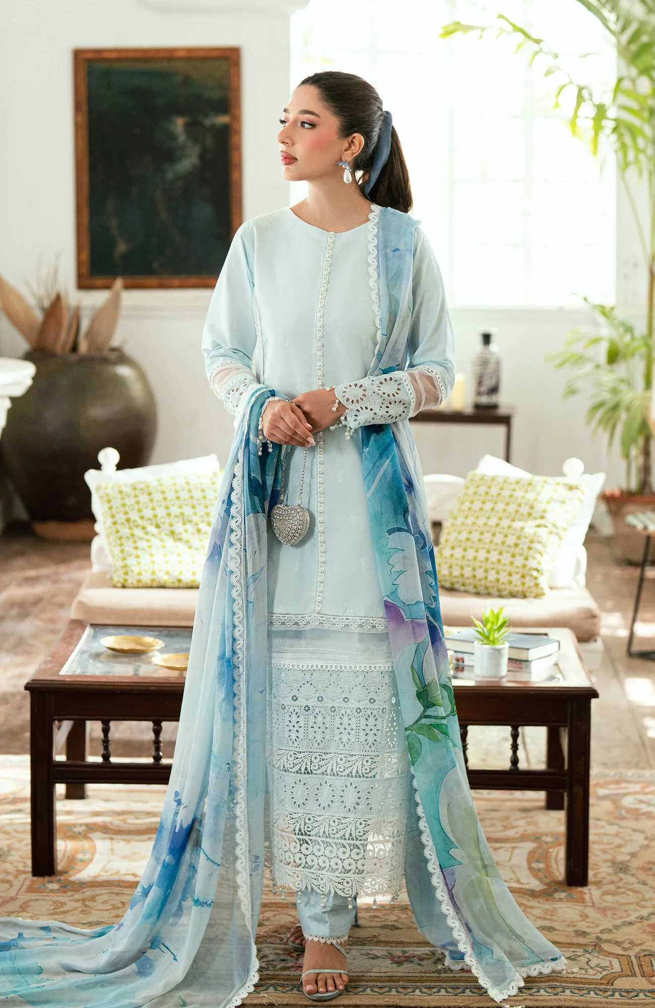 Light Ferozi chiffon long sleeve shirt with laser kari embroidery – view 4 – Poshaq