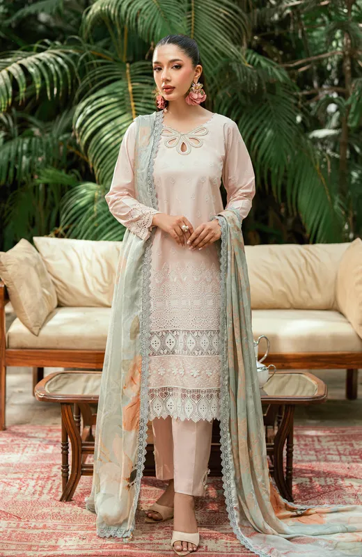 Pale pink silk long shirt with laser-kari embroidery – view 1 – Poshaq