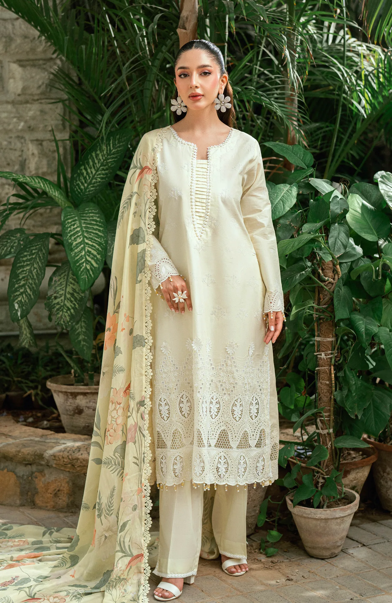 Cream silk long shirt with Laser Kari embroidery – view 1 – Poshaq