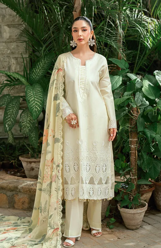 Cream silk long shirt with Laser Kari embroidery – view 1 – Poshaq
