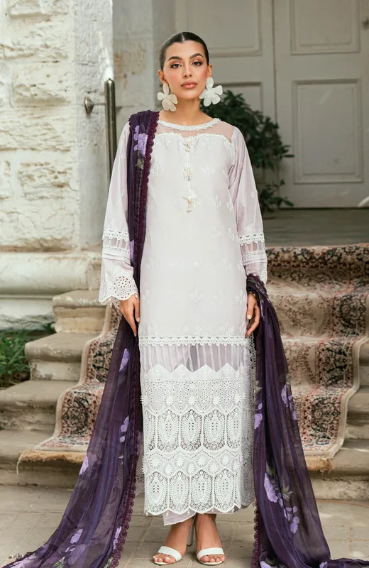 White chiffon long shirt with intricate laser‑kari embroidery – view 1 – Poshaq