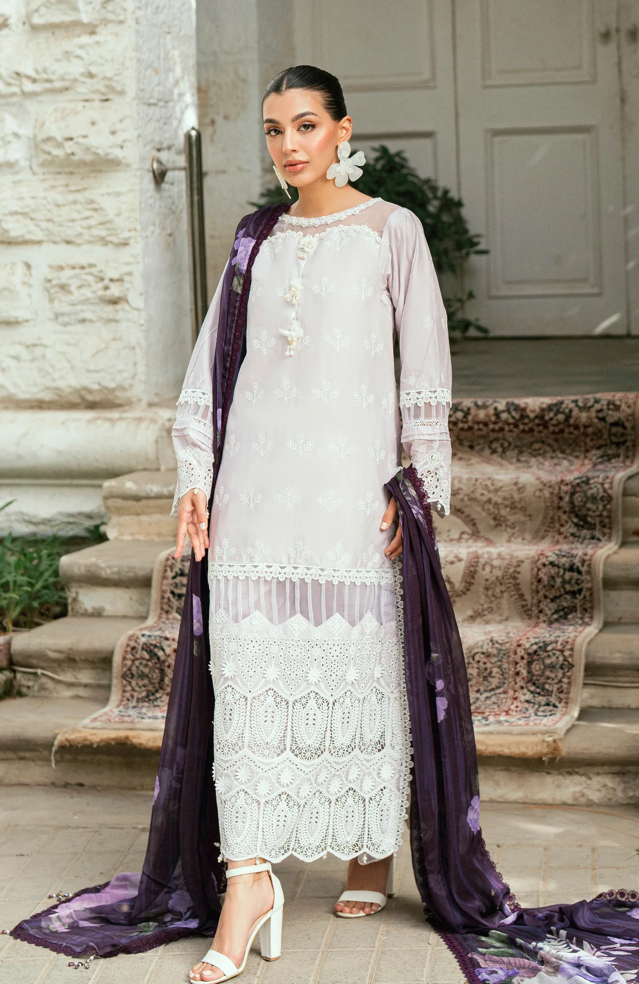 White chiffon long shirt with laser cut detailing – view 1 – Poshaq