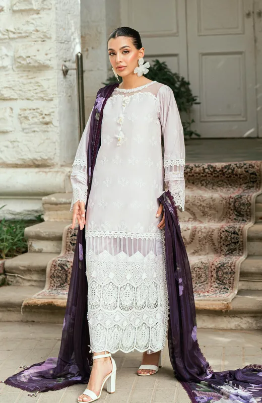White chiffon long shirt with laser cut detailing – view 1 – Poshaq