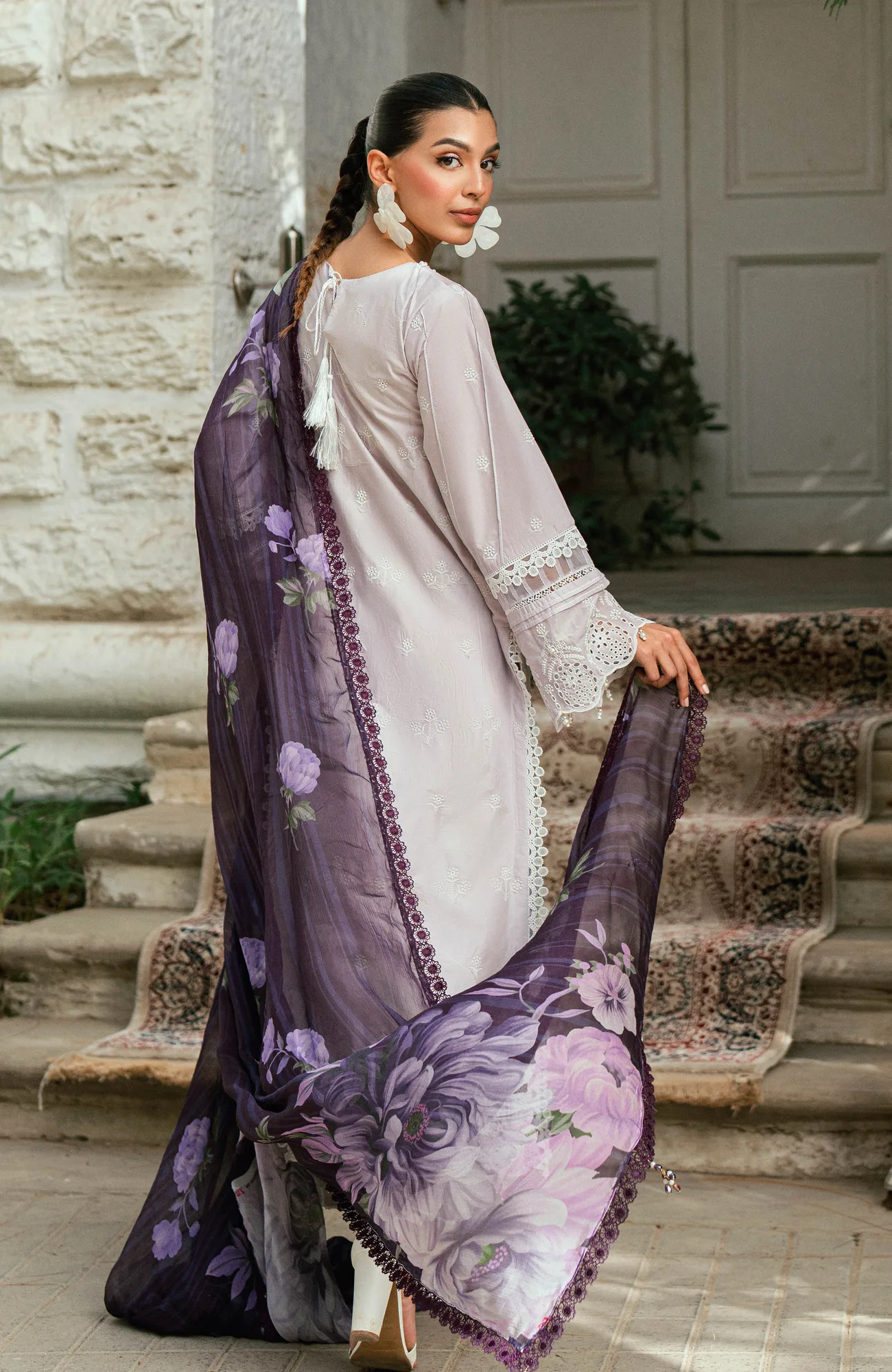 White chiffon long shirt with laser cut detailing – view 2 – Poshaq