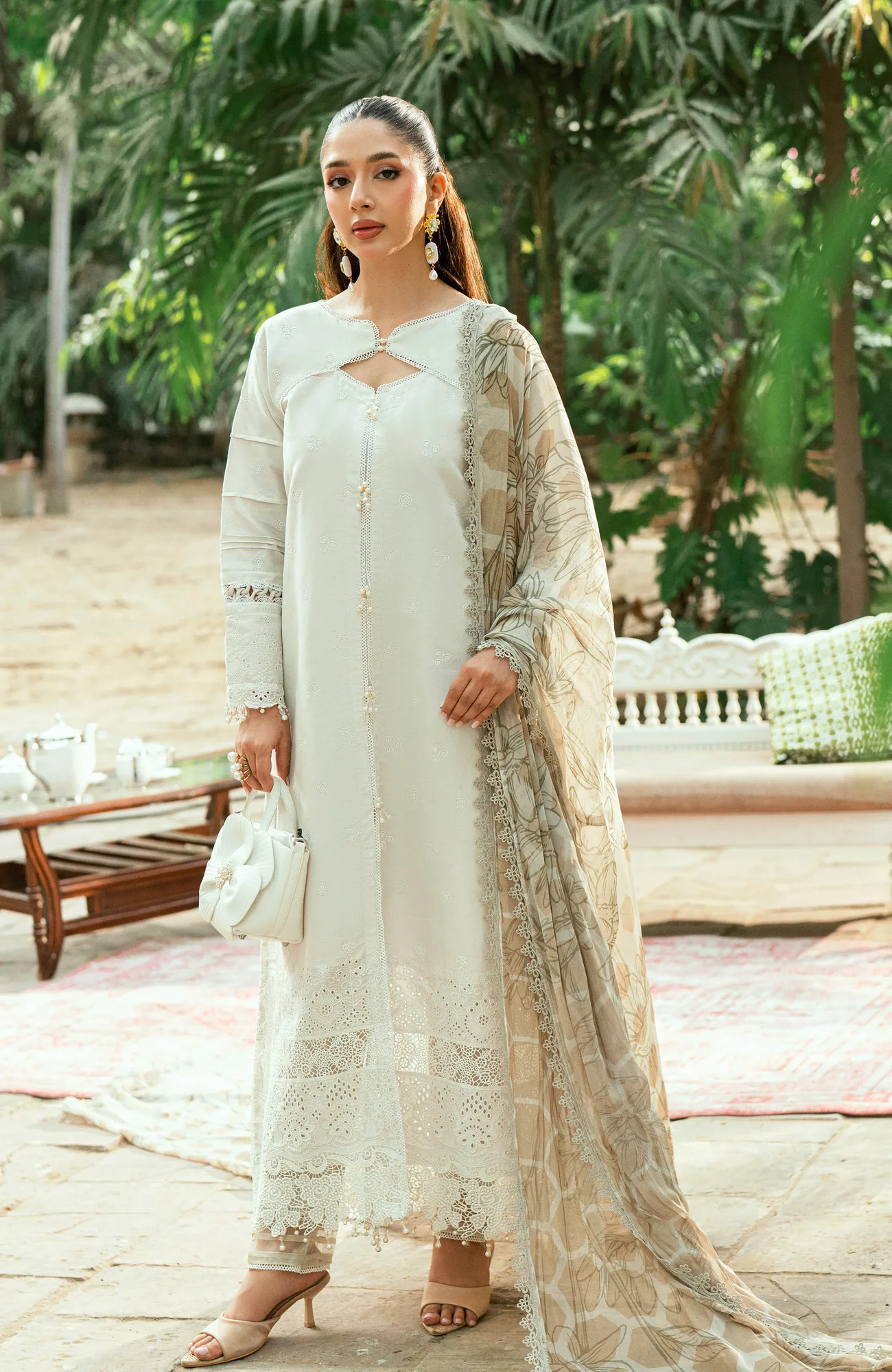 Off White silk shirt with laser kari embroidery – view 3 – Poshaq
