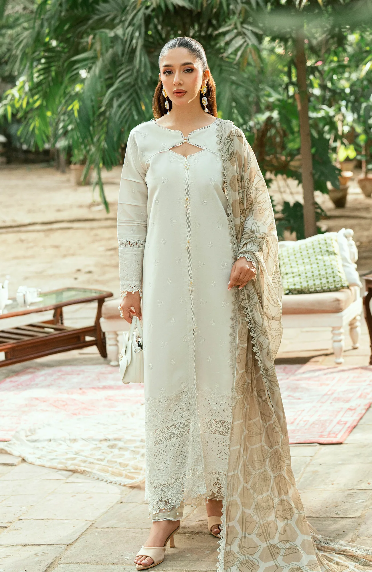 ivory silk long shirt with laser‑kari embroidery – view 1 – Poshaq