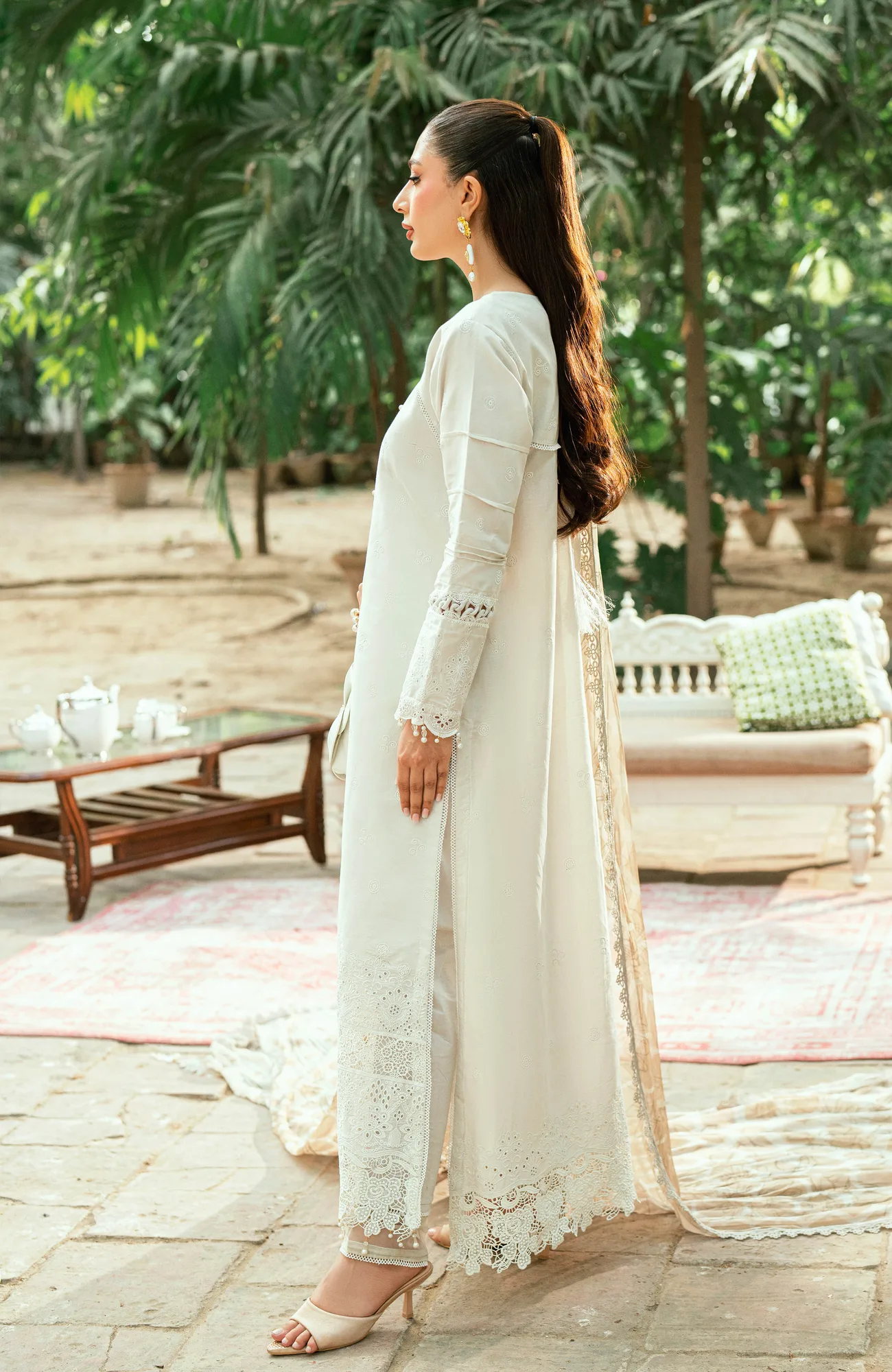 ivory silk long shirt with laser‑kari embroidery – view 2 – Poshaq