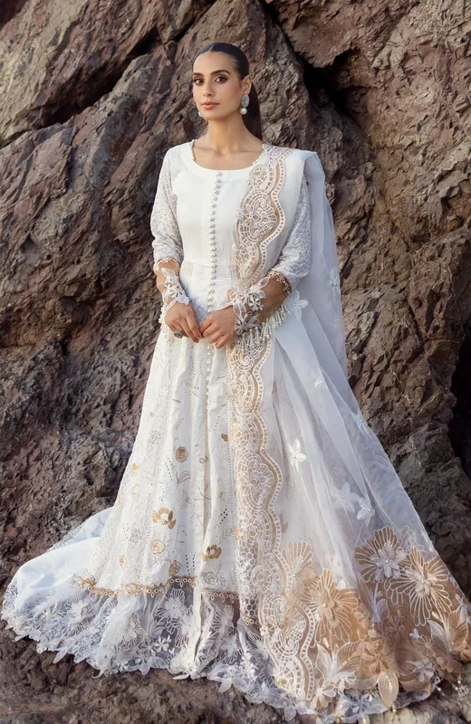 White organza and lawn dress with delicate embroidery – view 1 – Poshaq