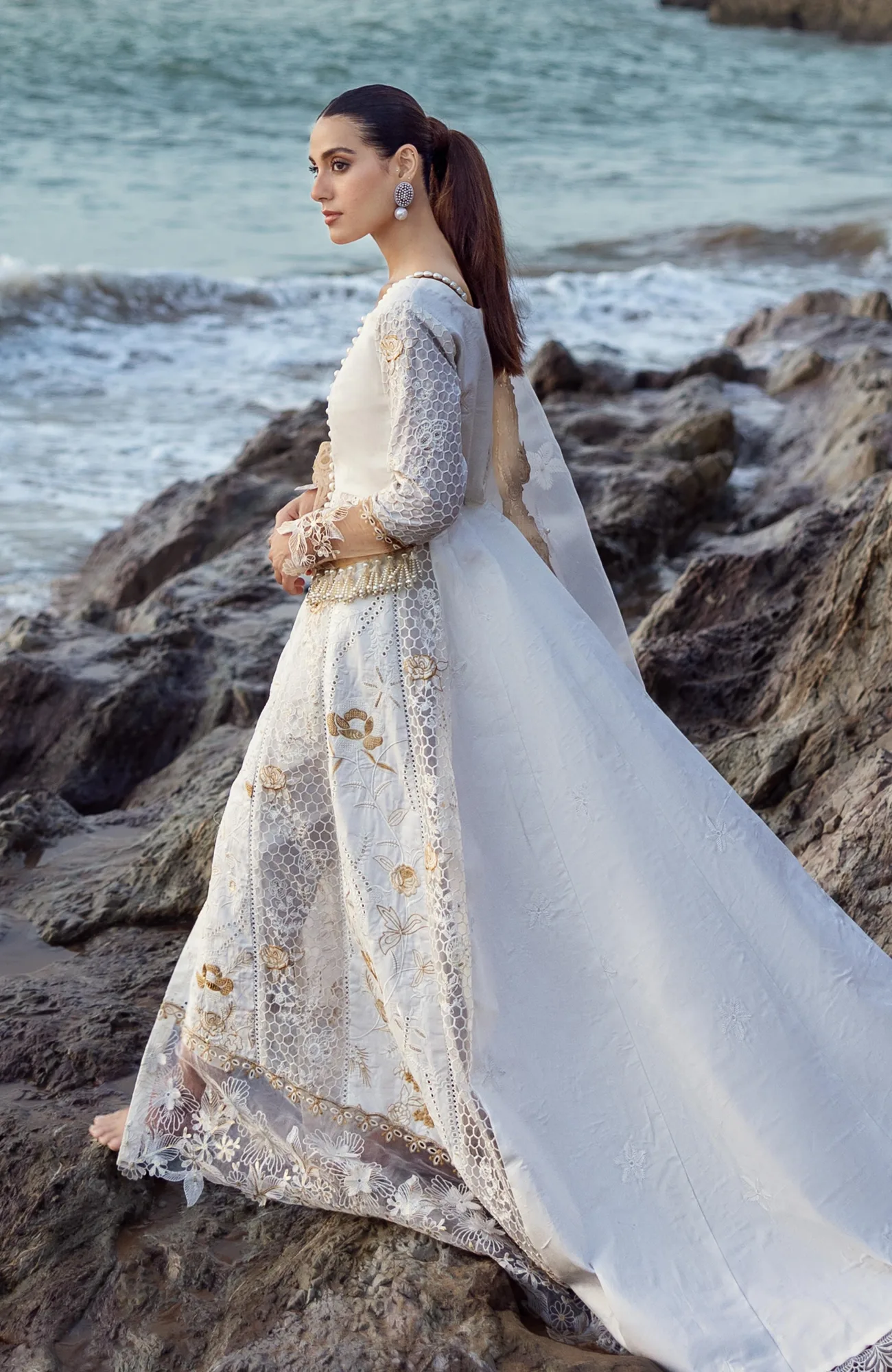 White organza and lawn dress with delicate embroidery – view 2 – Poshaq