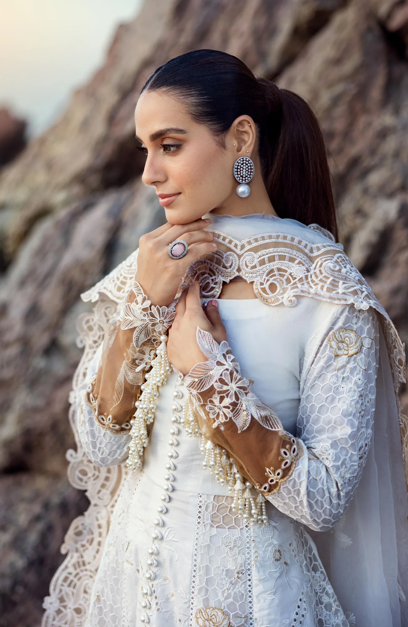 White organza and lawn dress with delicate embroidery – view 3 – Poshaq