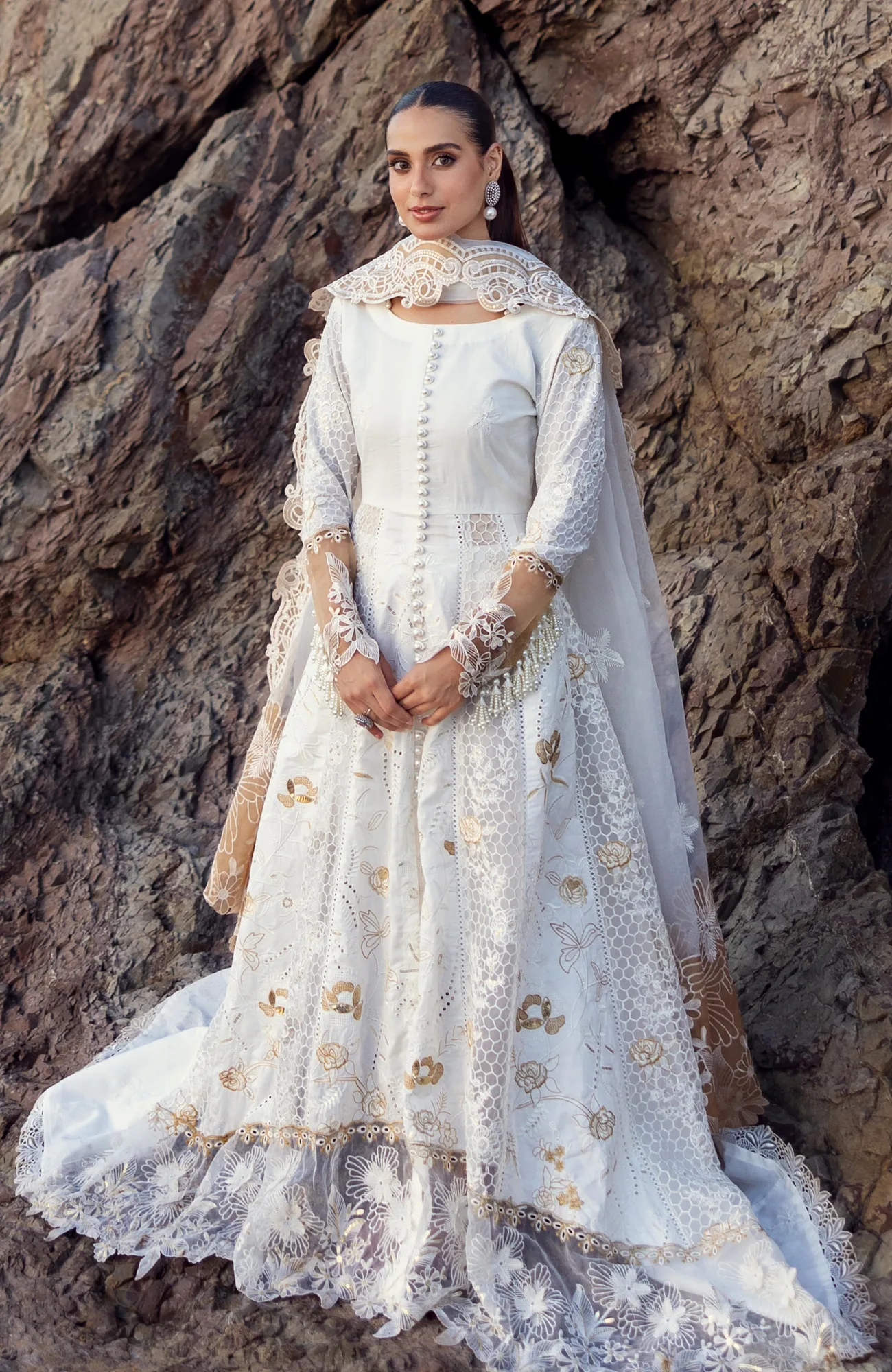 White organza and lawn dress with delicate embroidery – view 4 – Poshaq