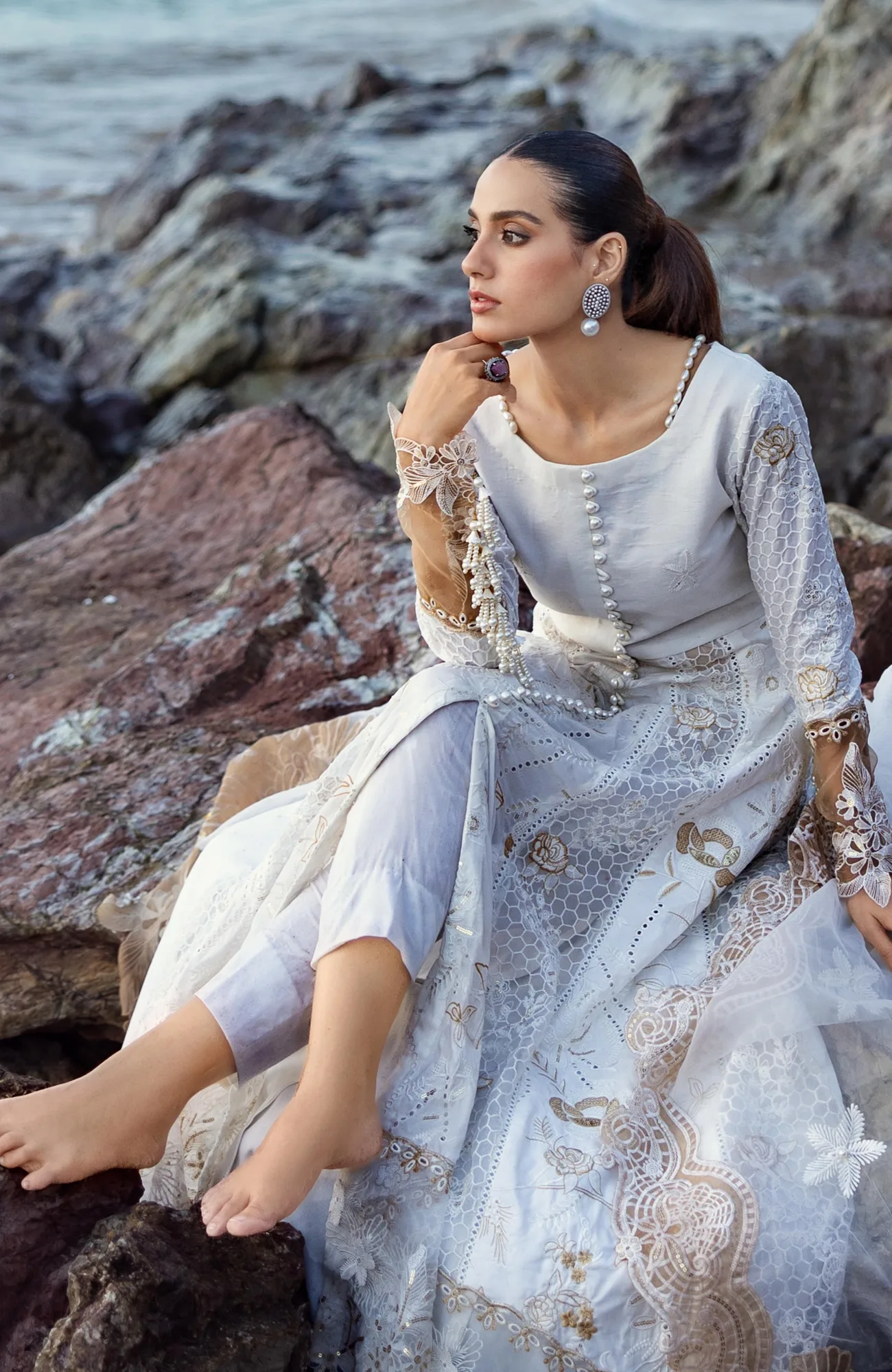 White organza and lawn dress with delicate embroidery – view 5 – Poshaq