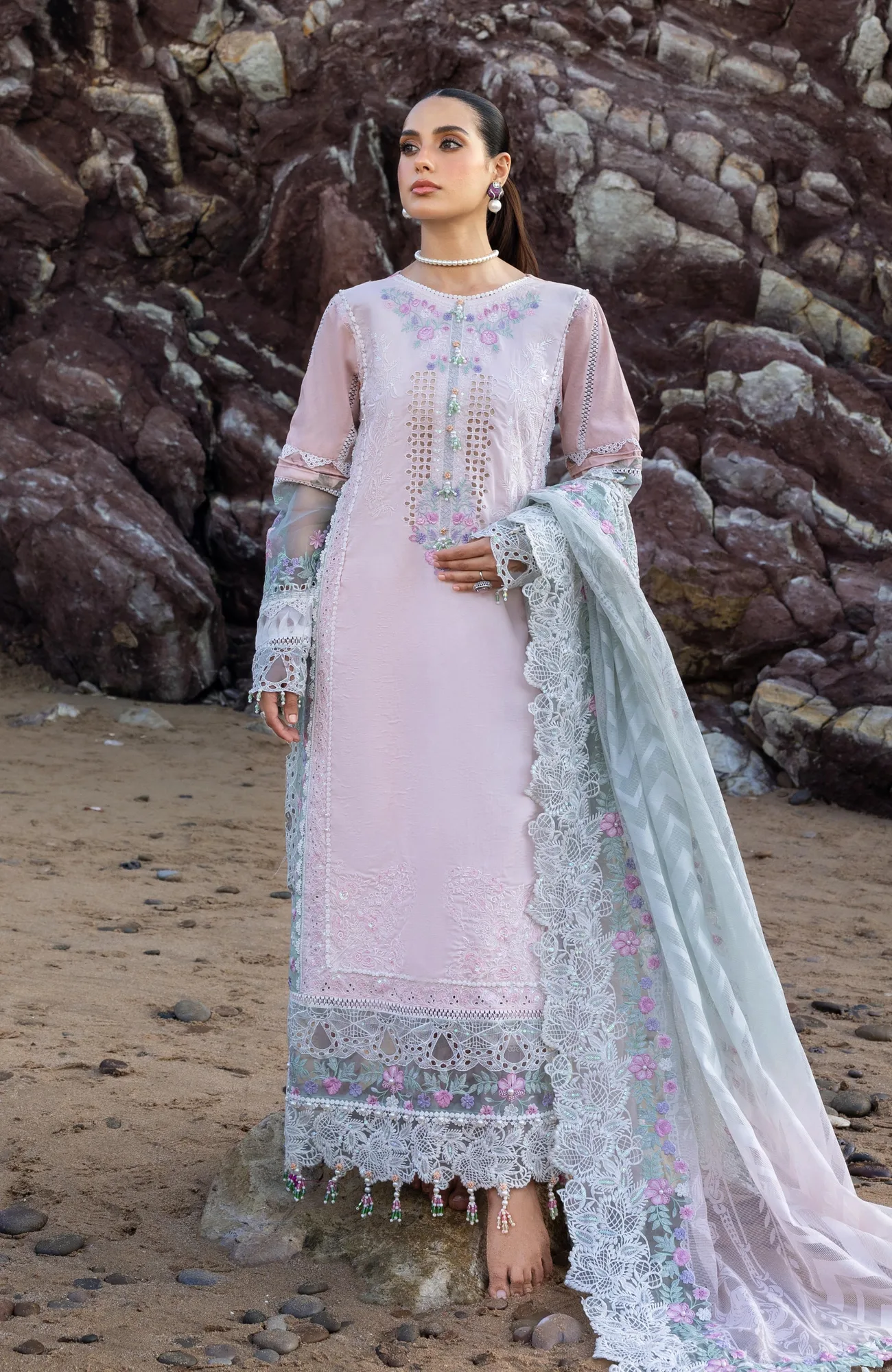 Soft lilac long shirt with organza detailing by Al Zohaib – view 1 – Poshaq