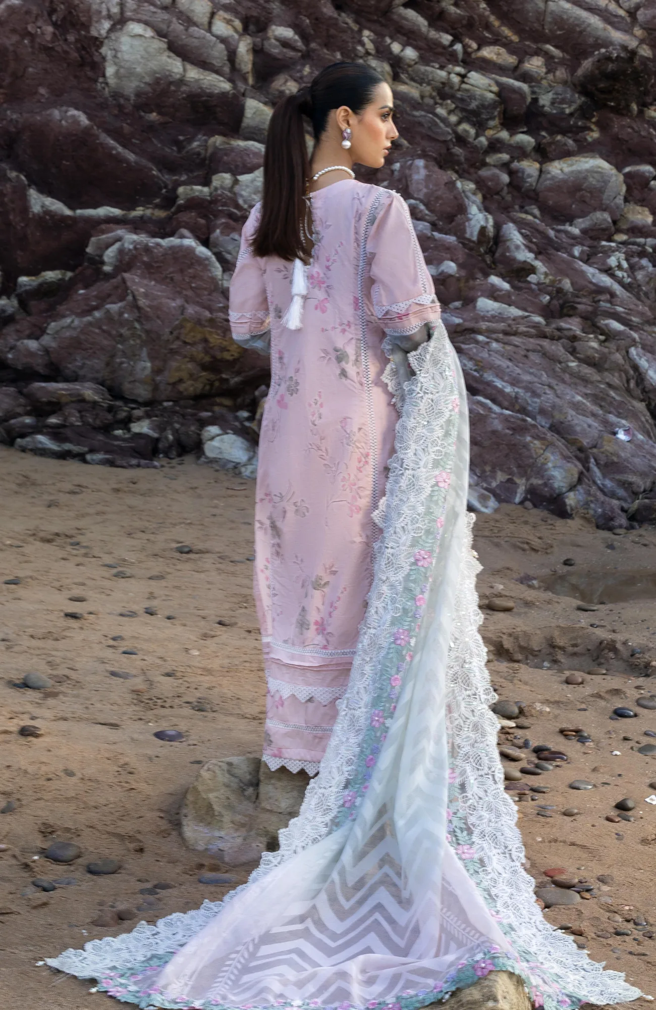 Soft lilac long shirt with organza detailing by Al Zohaib – view 2 – Poshaq