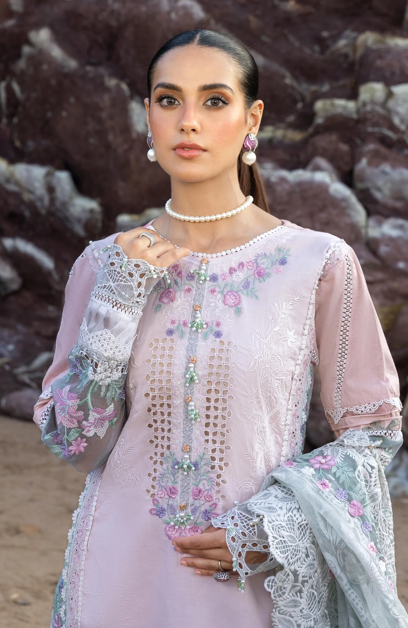 Soft lilac long shirt with organza detailing by Al Zohaib – view 3 – Poshaq