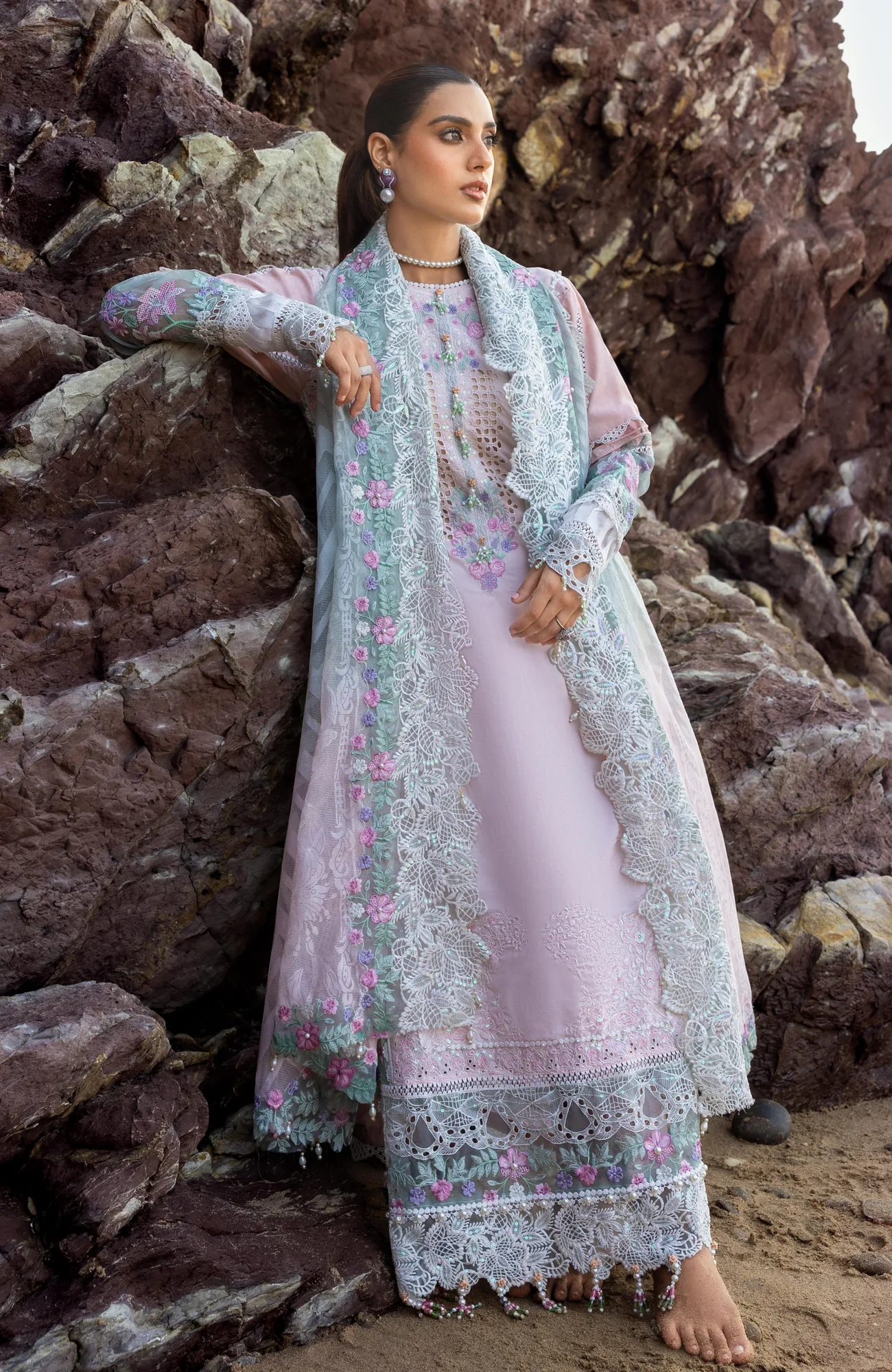 Soft lilac long shirt with organza detailing by Al Zohaib – view 4 – Poshaq