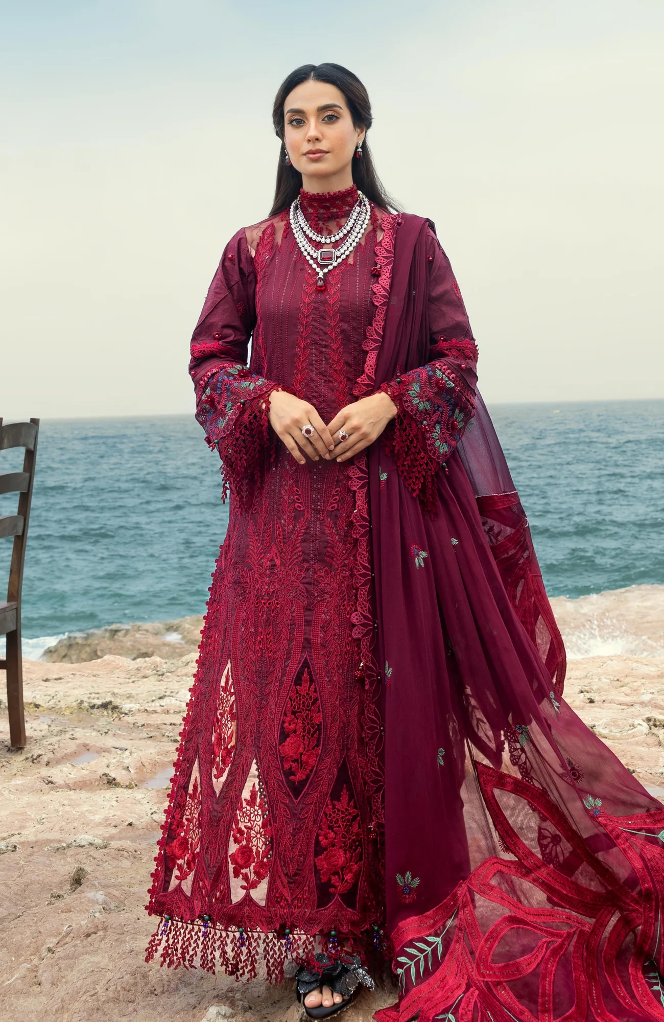 Maroon long shirt with organza embroidery – view 1 – Poshaq