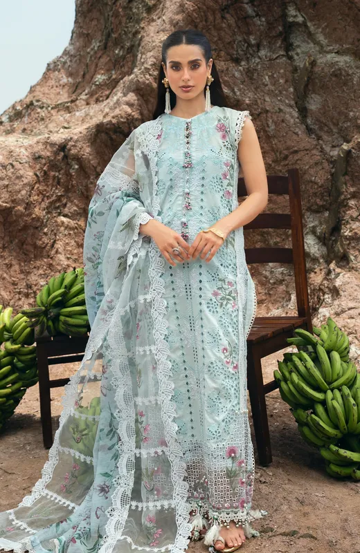 Light ferozi long shirt set with organza and chiffon detailing – view 1 – Poshaq