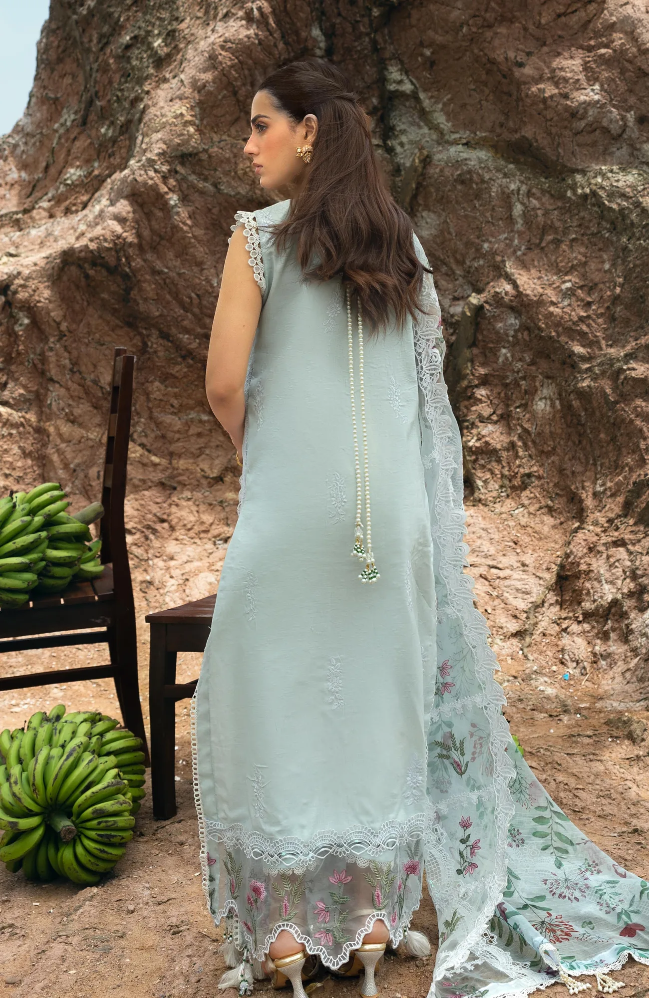 Light ferozi long shirt set with organza and chiffon detailing – view 2 – Poshaq