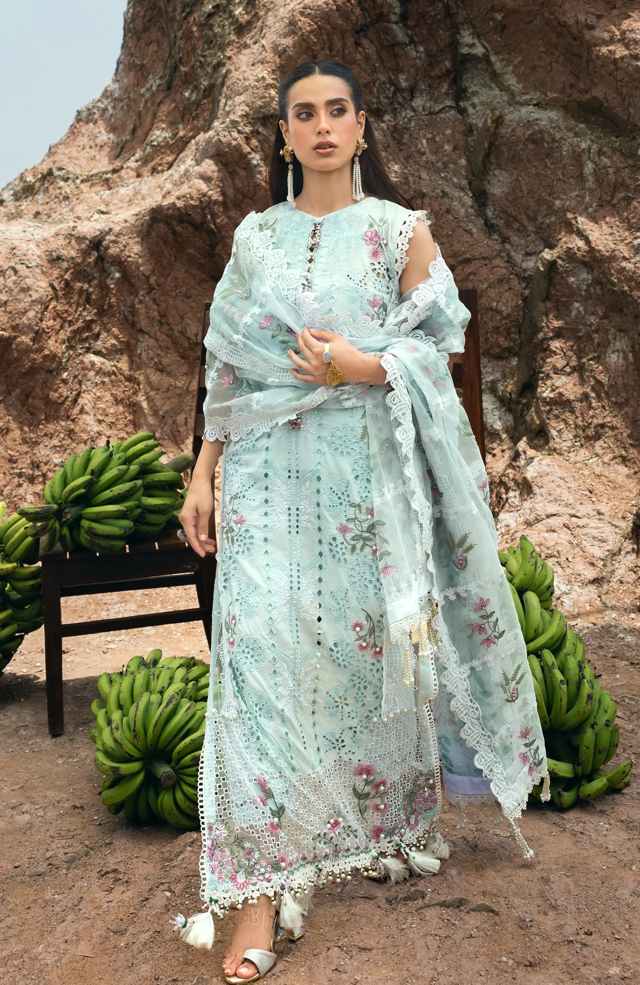 Light ferozi long shirt set with organza and chiffon detailing – view 4 – Poshaq