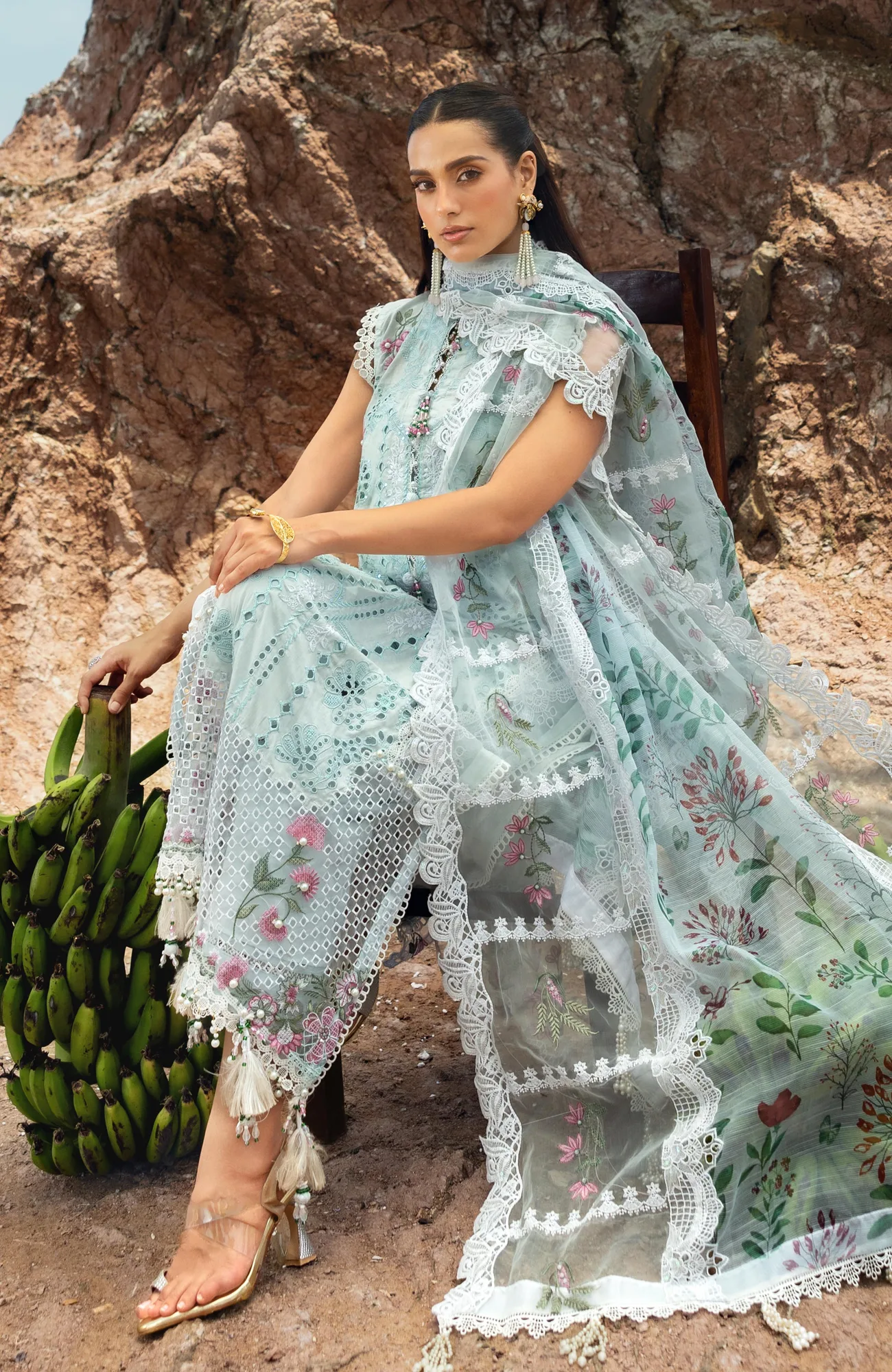Light ferozi long shirt set with organza and chiffon detailing – view 5 – Poshaq