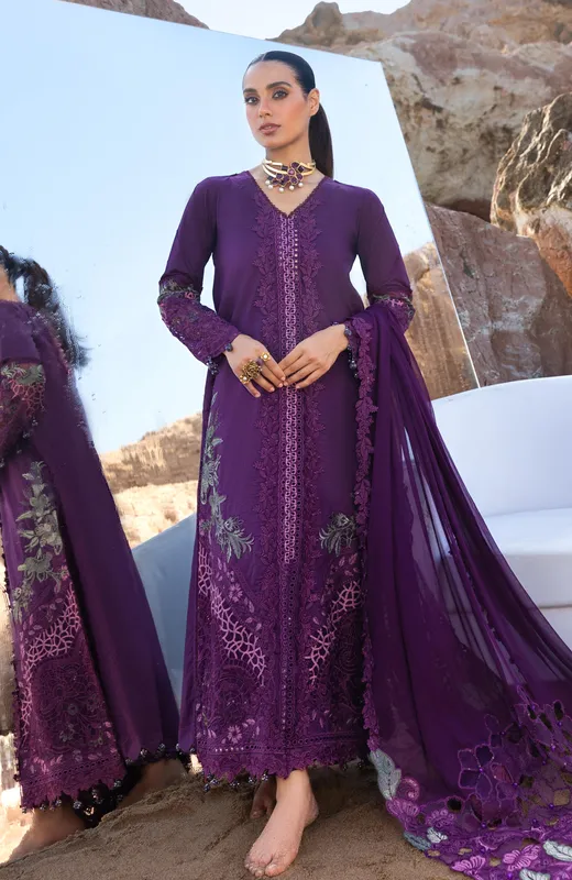 Dark purple long shirt with organza and chiffon detailing – view 1 – Poshaq