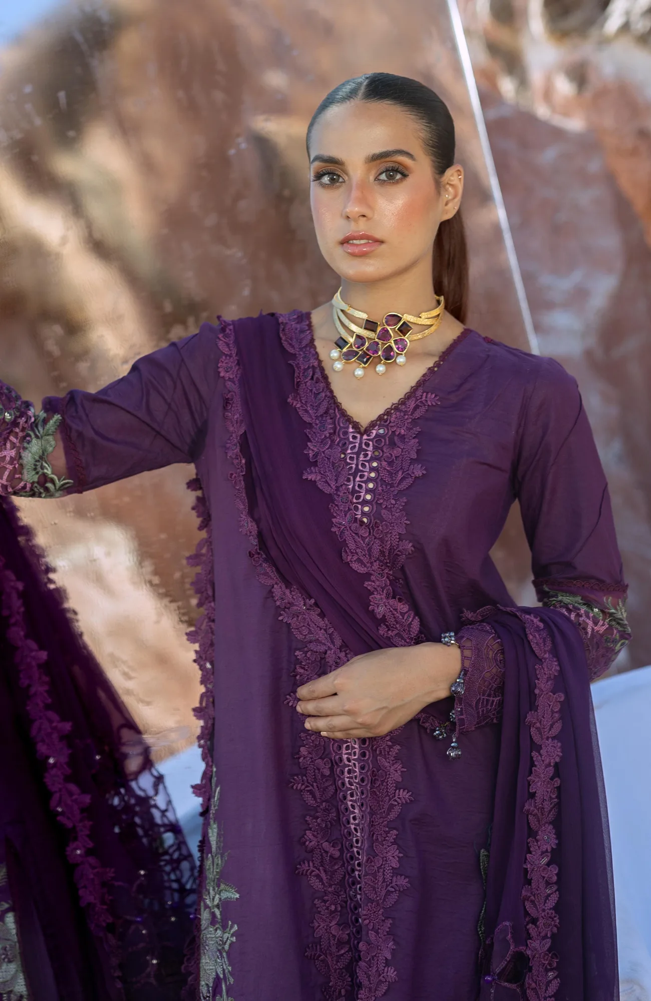 Dark purple long shirt with organza and chiffon detailing – view 2 – Poshaq