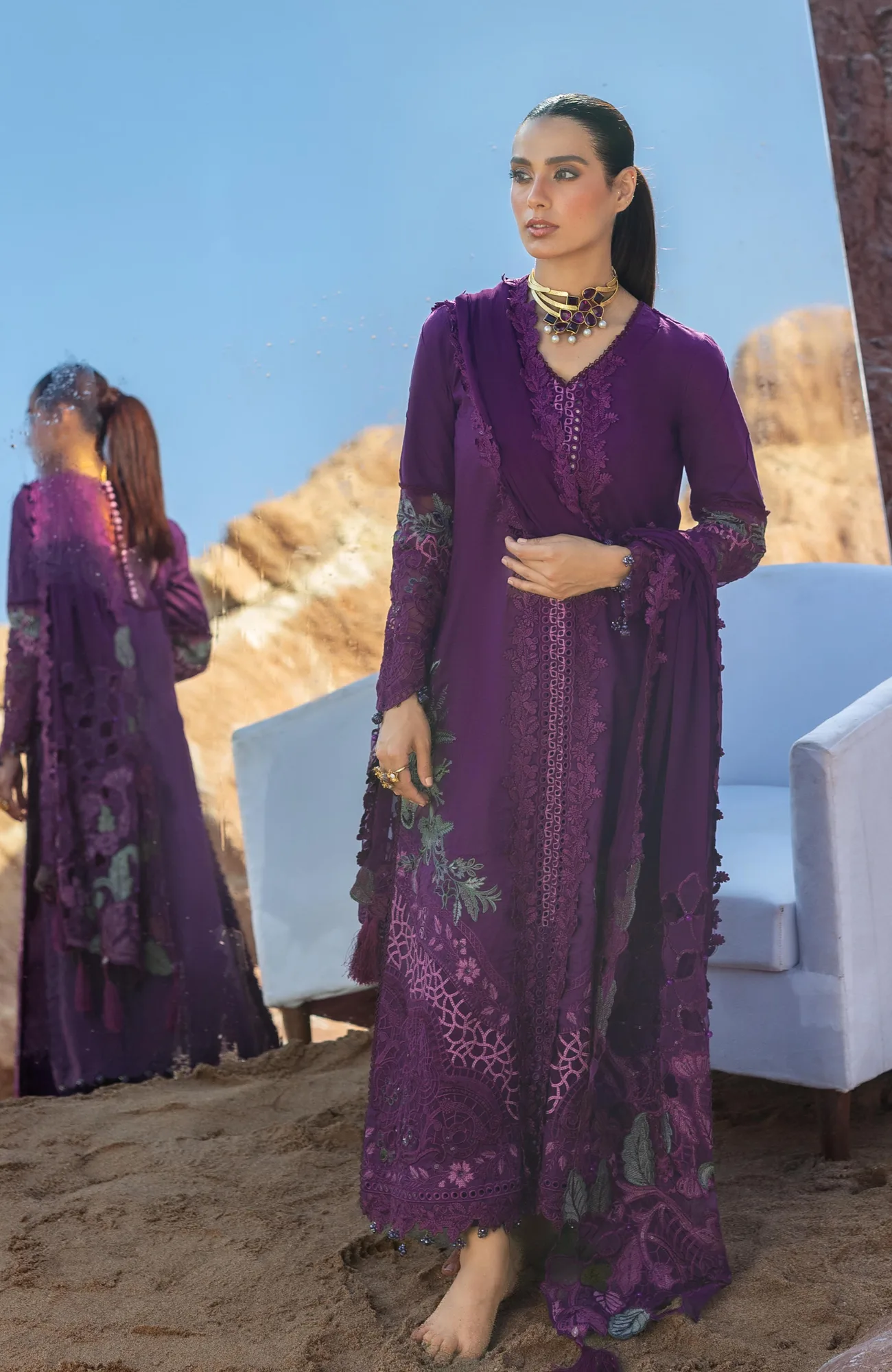 Dark purple long shirt with organza and chiffon detailing – view 3 – Poshaq