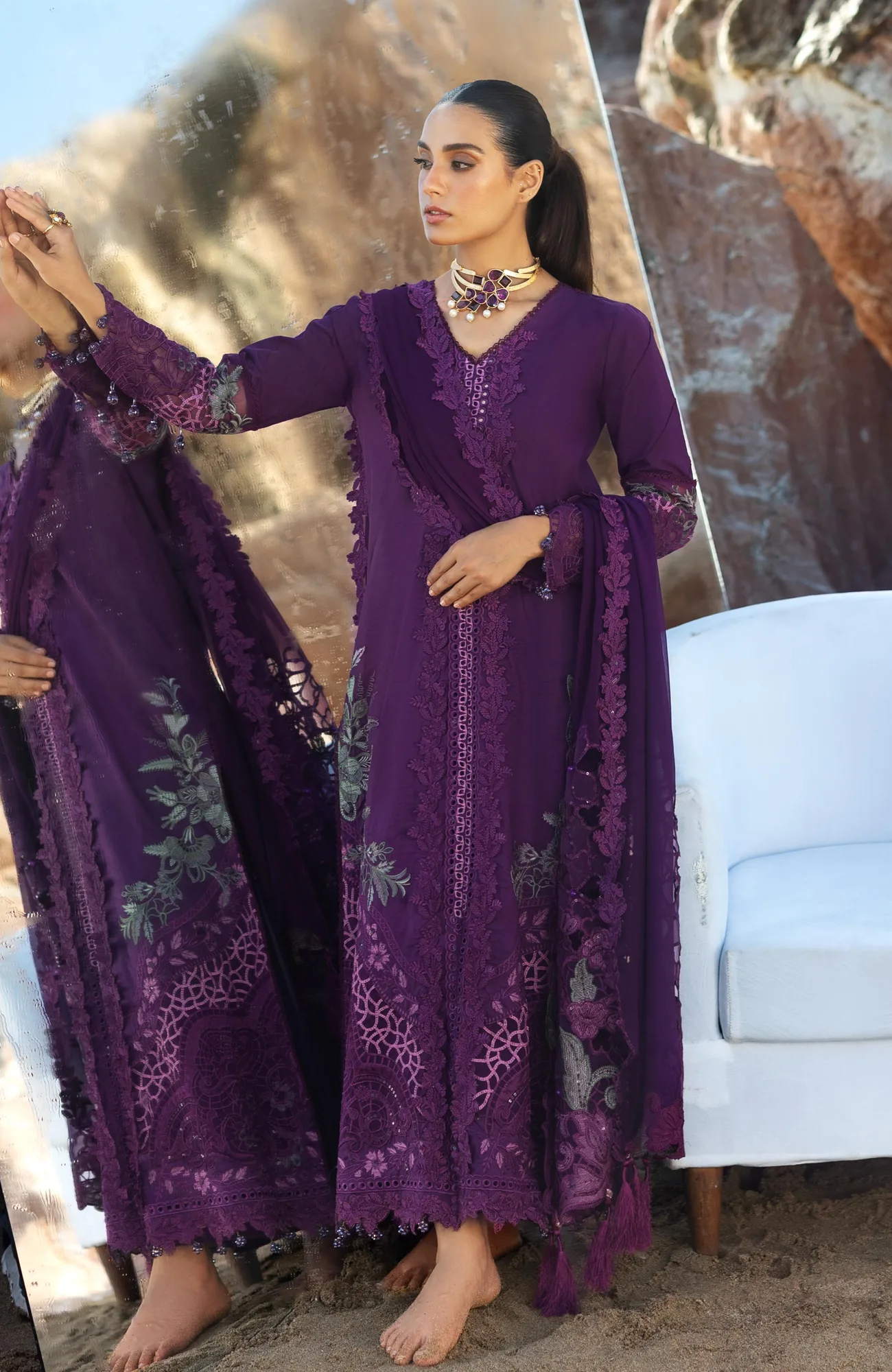 Dark purple long shirt with organza and chiffon detailing – view 4 – Poshaq