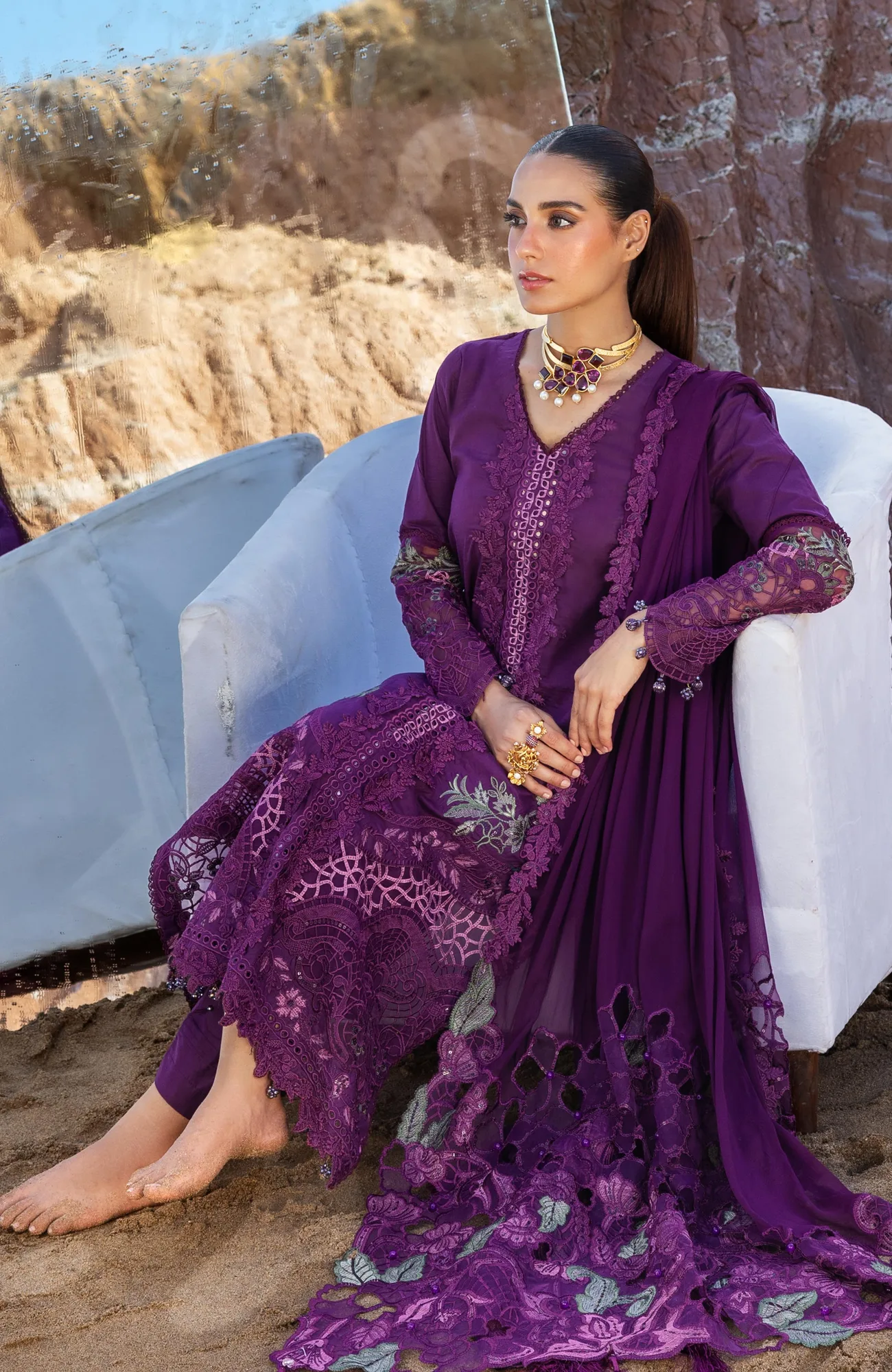 Dark purple long shirt with organza and chiffon detailing – view 5 – Poshaq
