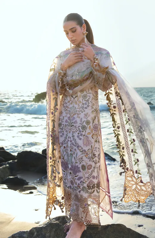 Ivory long shirt with organza dupatta and embroidered borders – view 1 – Poshaq