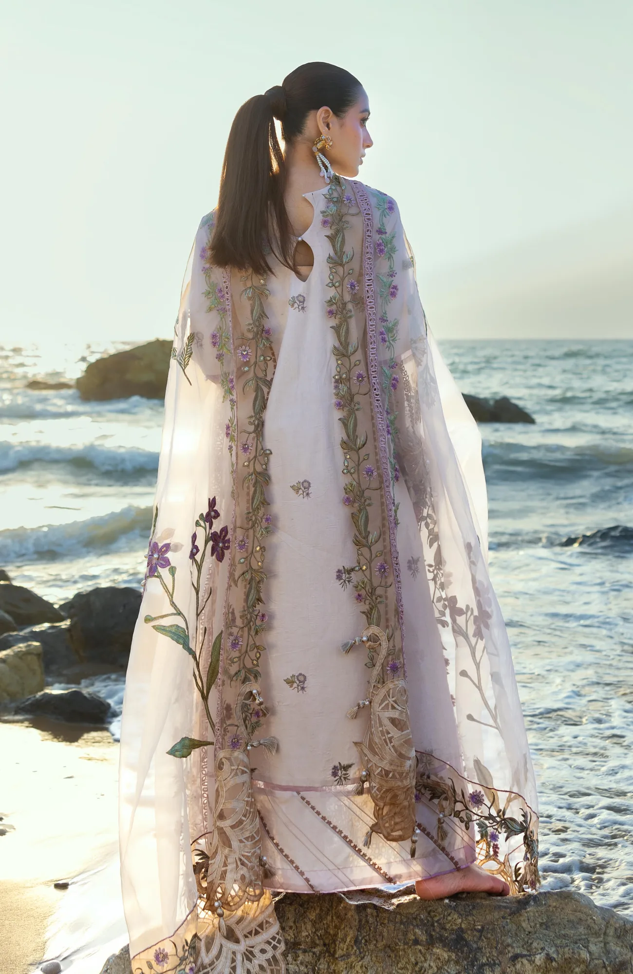 Ivory long shirt with organza dupatta and embroidered borders – view 2 – Poshaq
